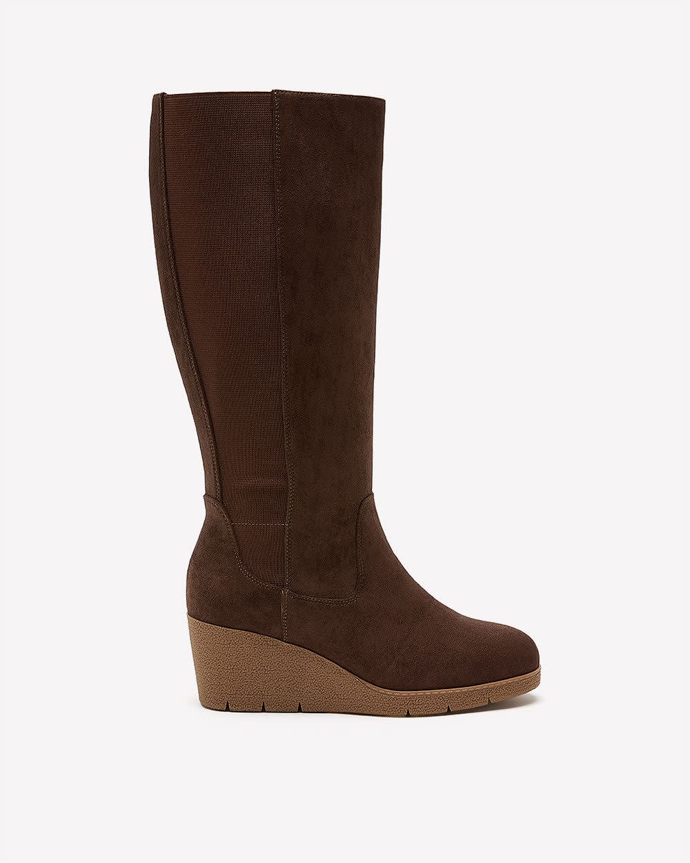 Extra Wide Width and Wide Calf, Faux Suede Wedge Tall Boot Brown 1 Extra Wide Width and Wide Calf, Faux Suede Wedge Tall Boot Brown