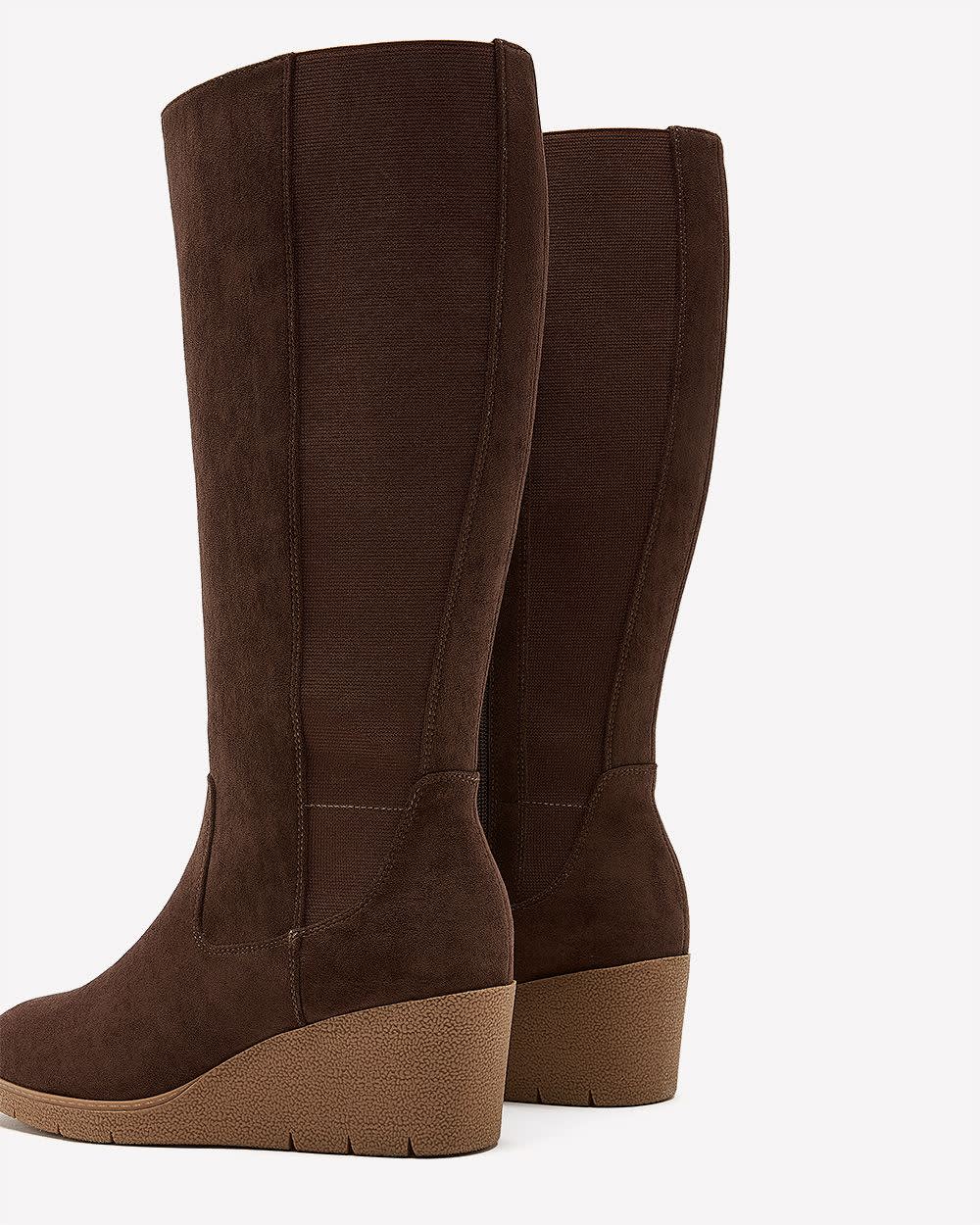 Extra Wide Width and Wide Calf, Faux Suede Wedge Tall Boot Brown 2 Extra Wide Width and Wide Calf, Faux Suede Wedge Tall Boot Brown