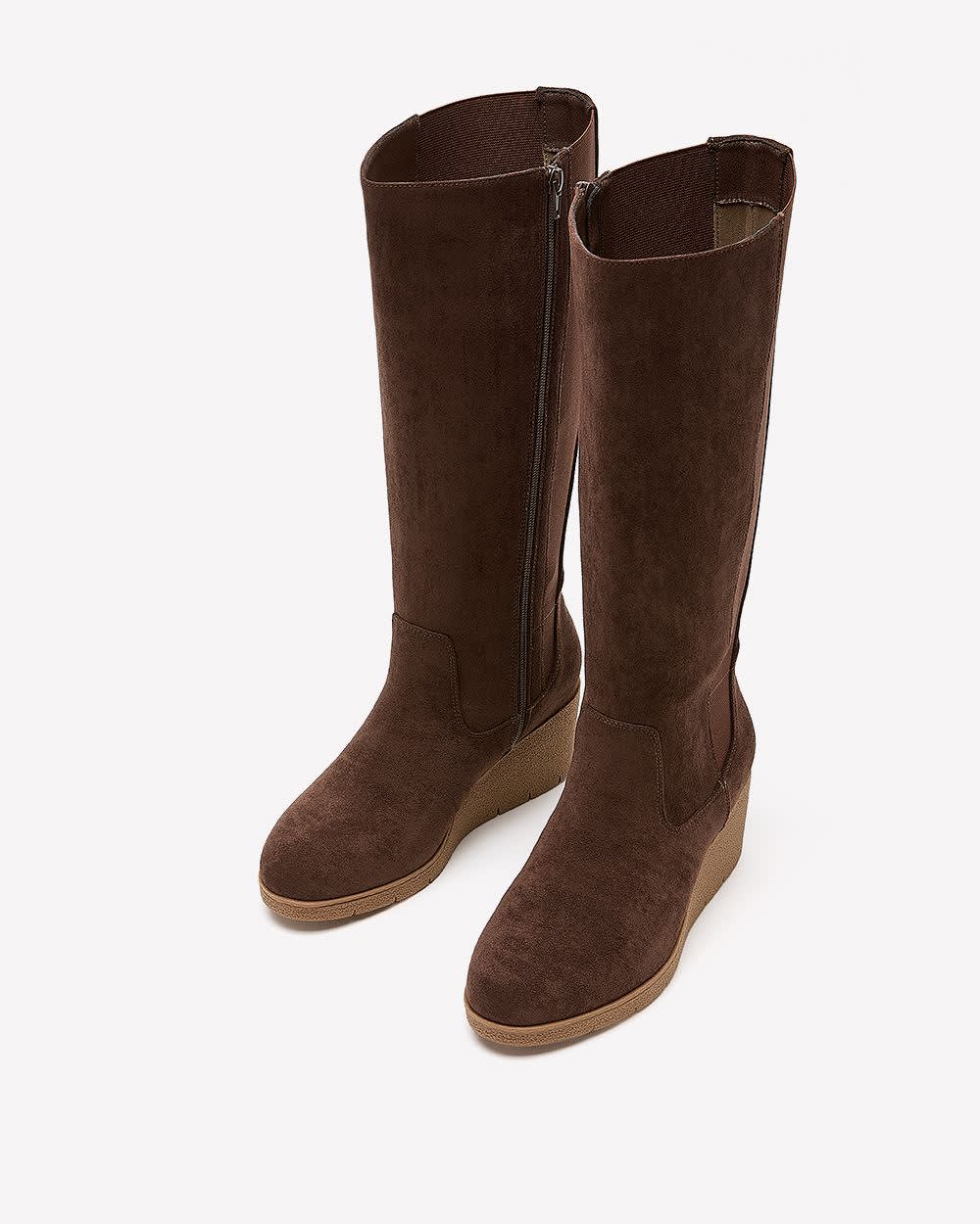 Extra Wide Width and Wide Calf, Faux Suede Wedge Tall Boot Brown 4 Extra Wide Width and Wide Calf, Faux Suede Wedge Tall Boot Brown