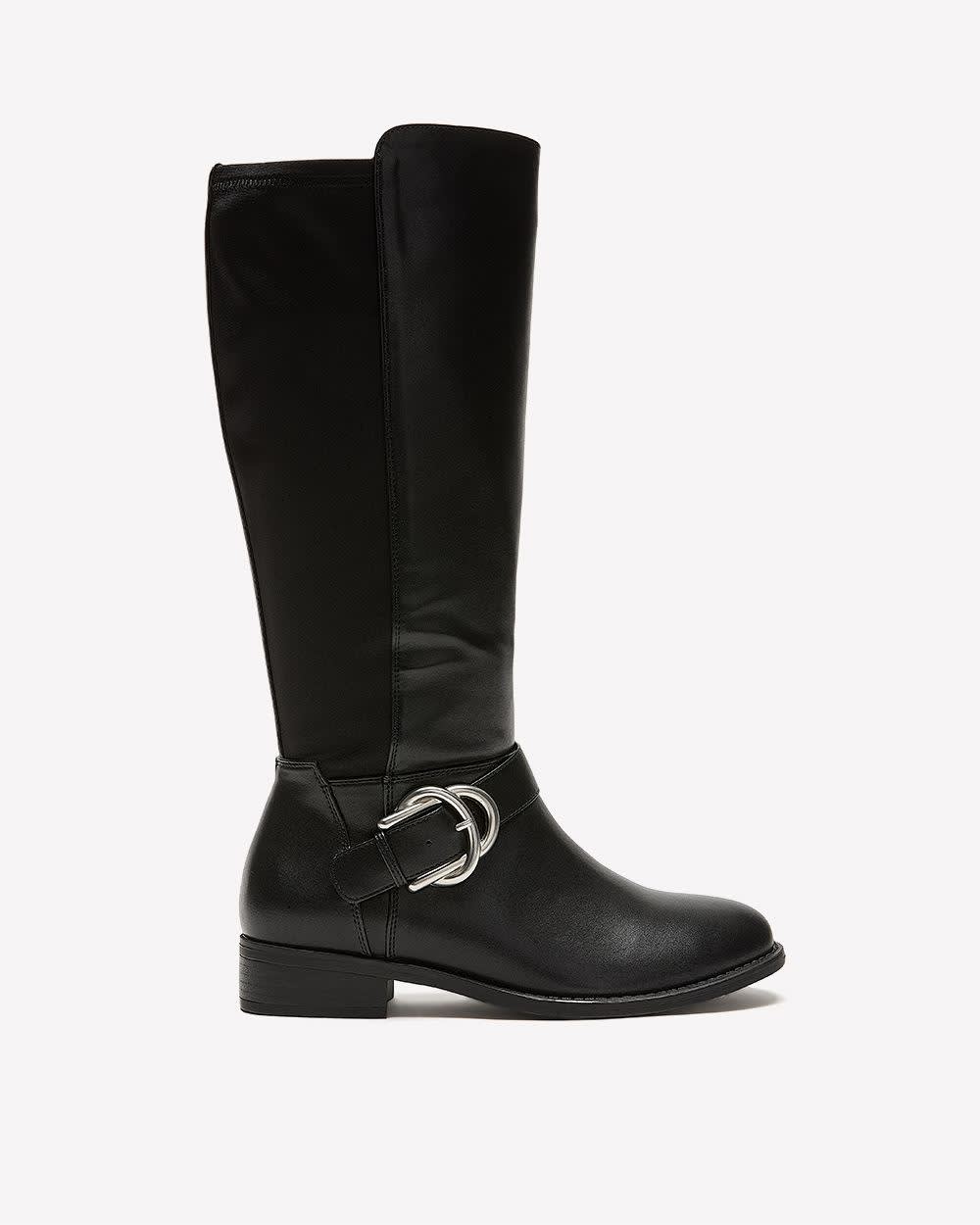 Extra Wide Width and Wide Calf, Tall Black Faux Leather Boot with Buckle Black