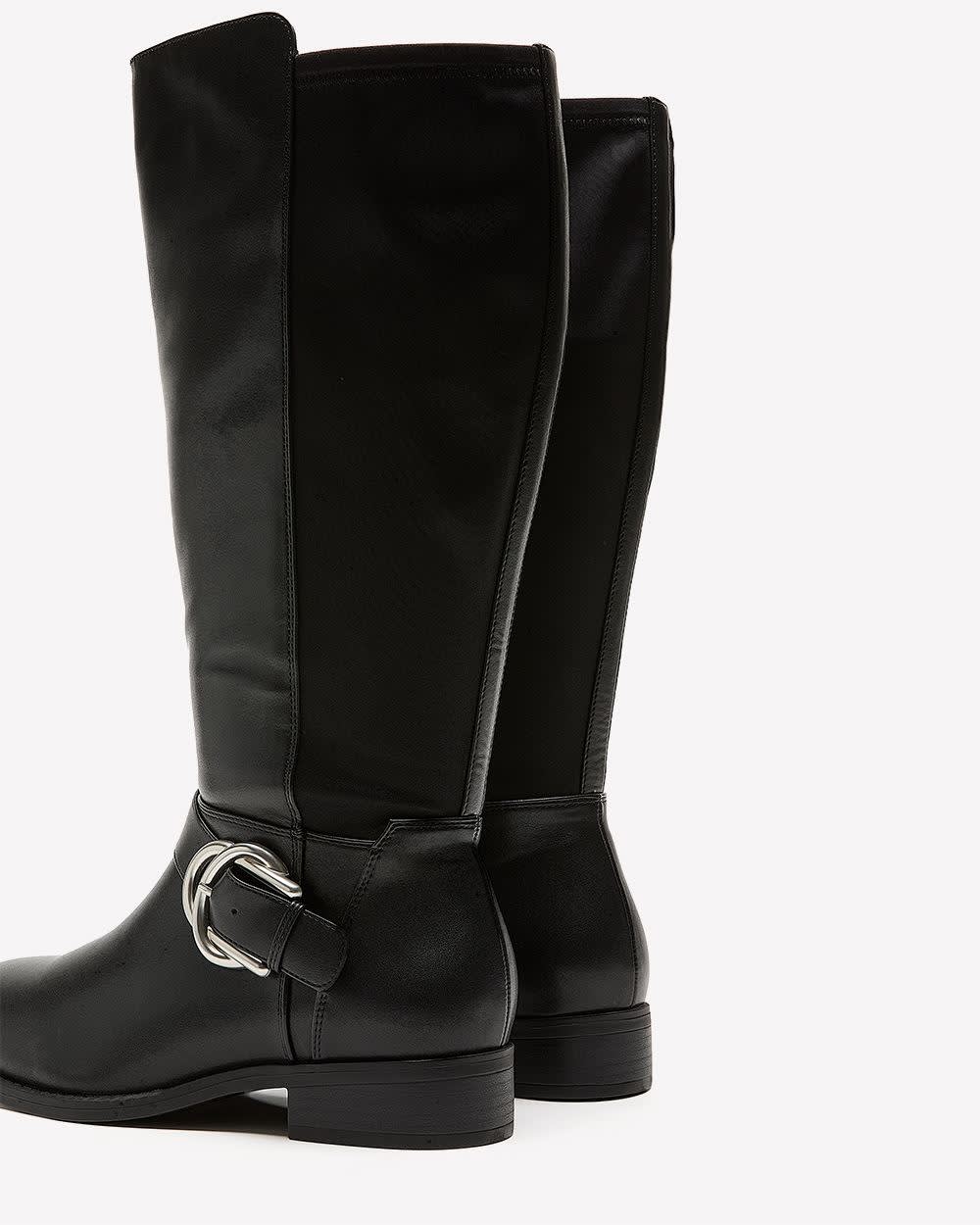 Extra Wide Width and Wide Calf, Tall Black Faux Leather Boot with Buckle Black