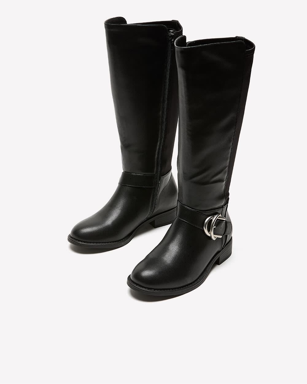 Extra Wide Width and Wide Calf, Tall Black Faux Leather Boot with Buckle Black