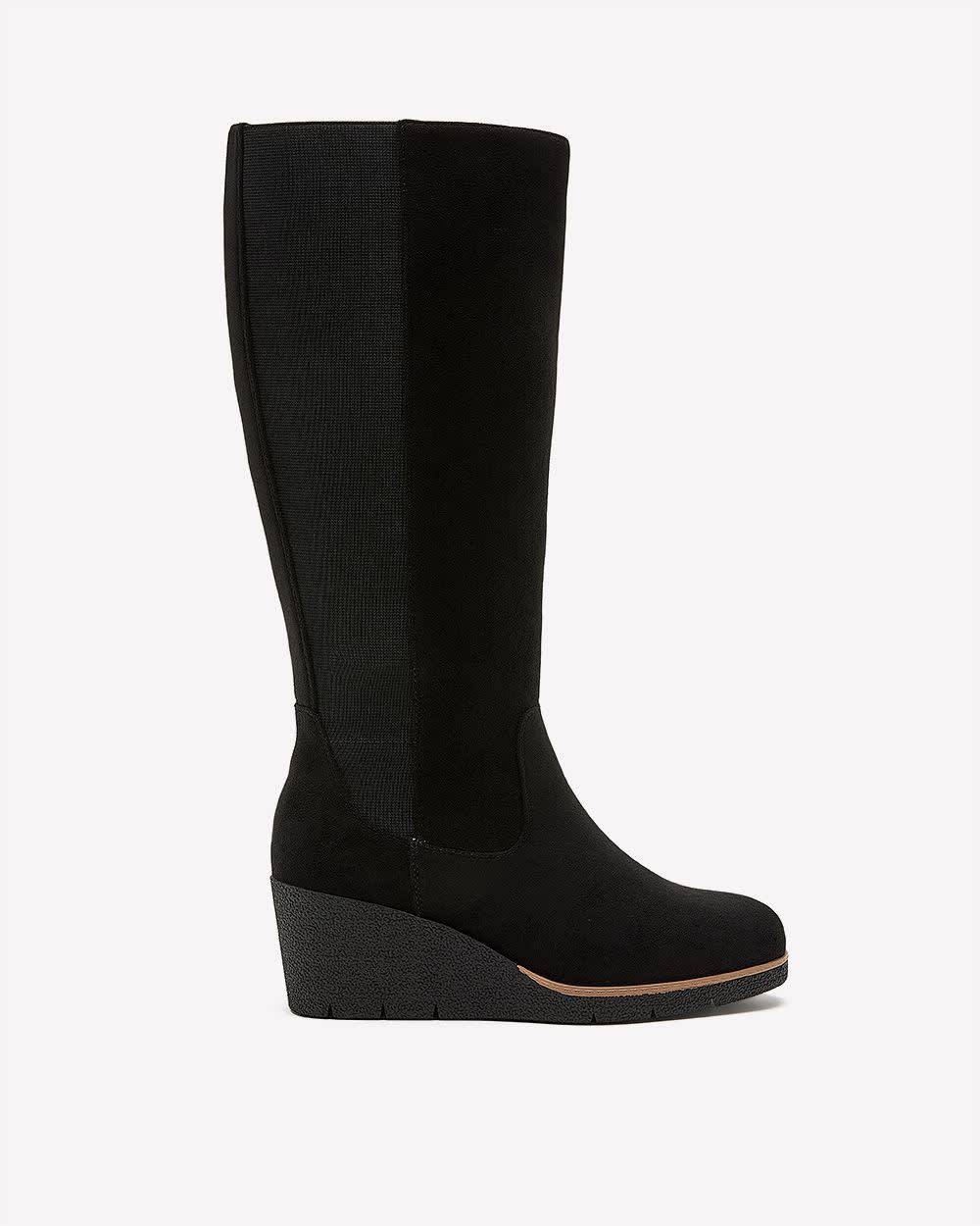 Extra Wide Width and Wide Calf, Faux Suede Wedge Tall Boot Black