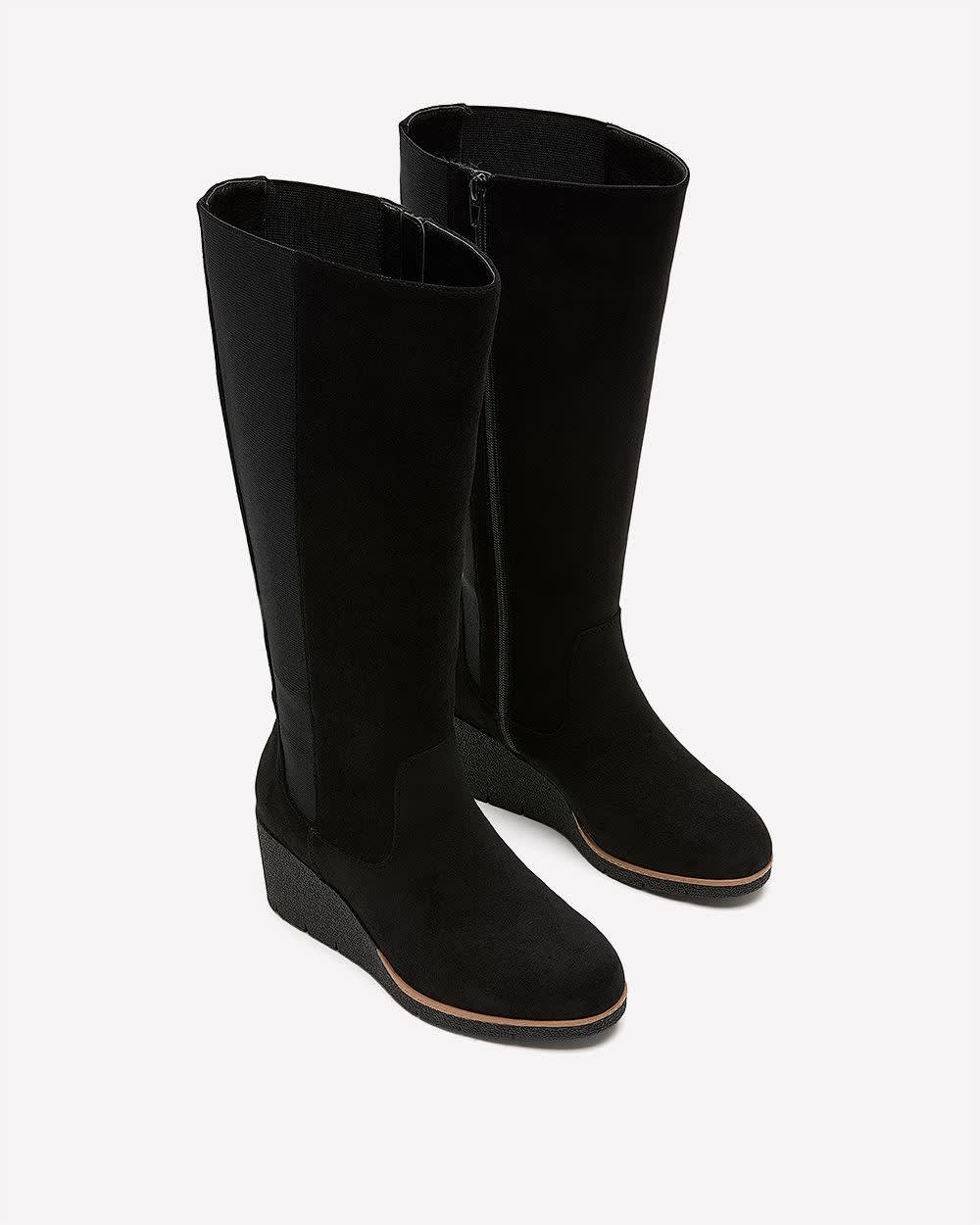 Extra Wide Width and Wide Calf, Faux Suede Wedge Tall Boot Black 4 Extra Wide Width and Wide Calf, Faux Suede Wedge Tall Boot Black