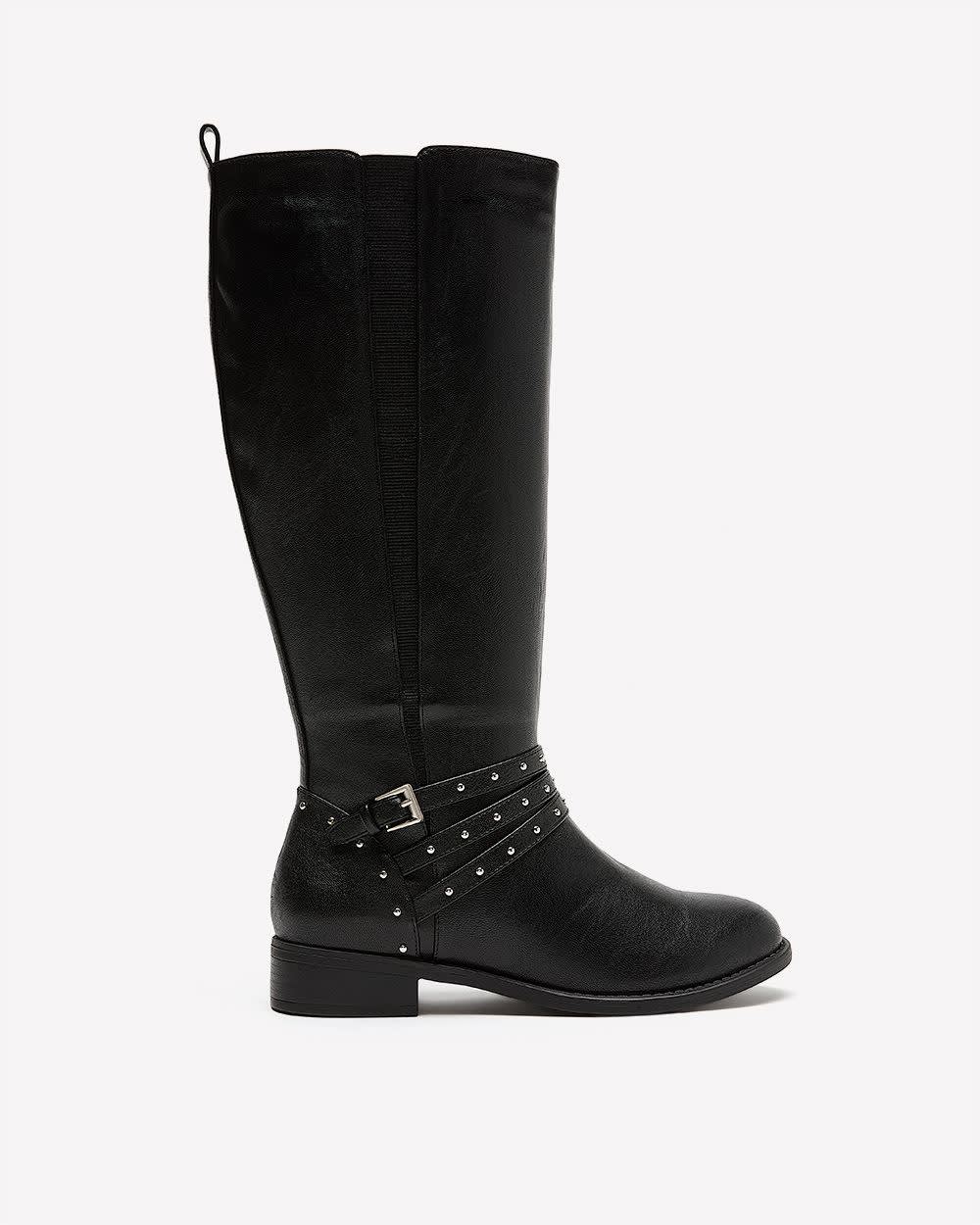 Extra Wide Width and Wide Calf, Tall Black Boot with Thin Studded Straps Black