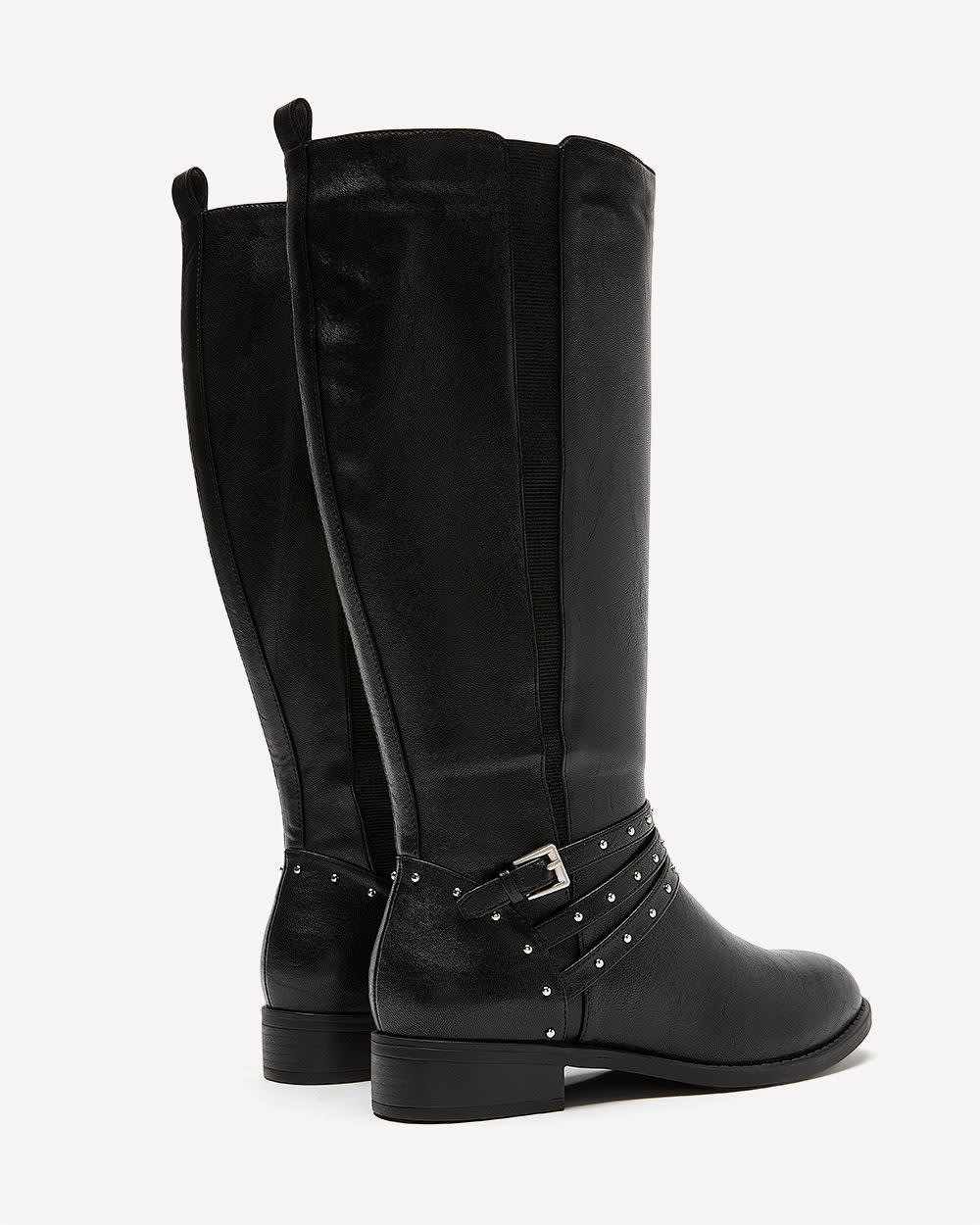 Extra Wide Width and Wide Calf, Tall Black Boot with Thin Studded Straps Black