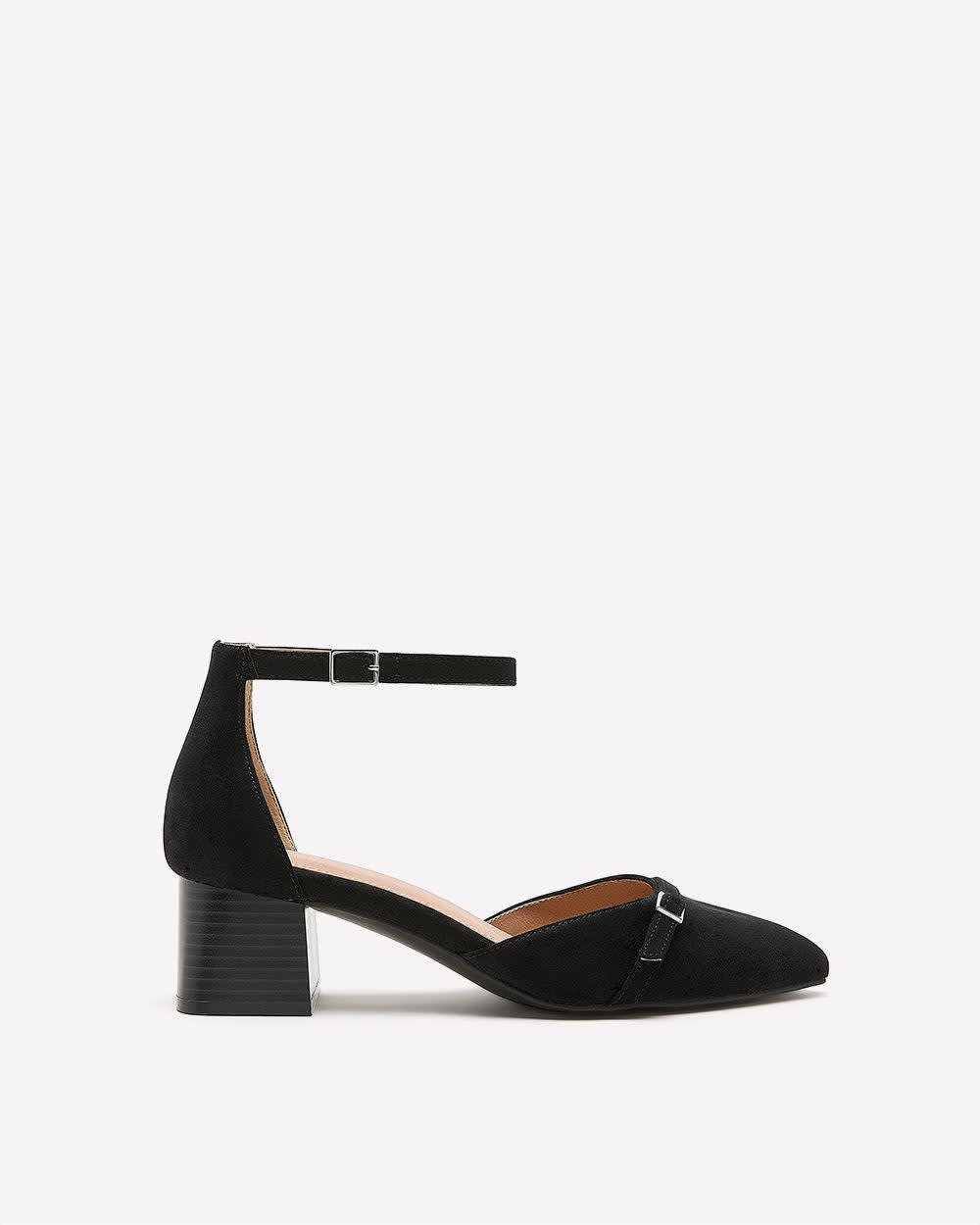 Extra Wide Width, Black Block-Heel Pointy Shoe with Ankle Strap Black 1 Extra Wide Width, Black Block-Heel Pointy Shoe with Ankle Strap Black