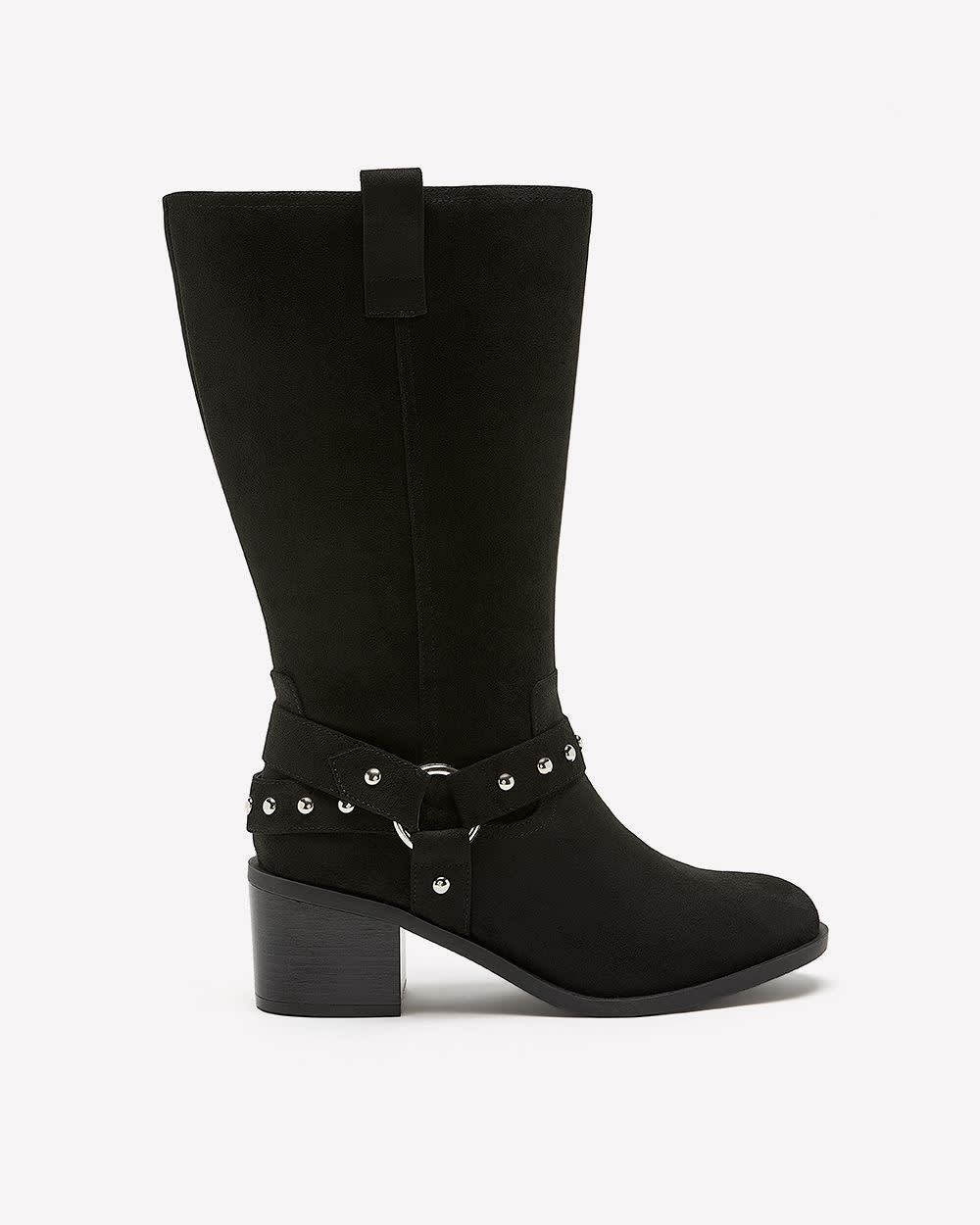 Extra Wide Width and Wide Calf, Black Mid-Calf Boot with Studded Harness Black