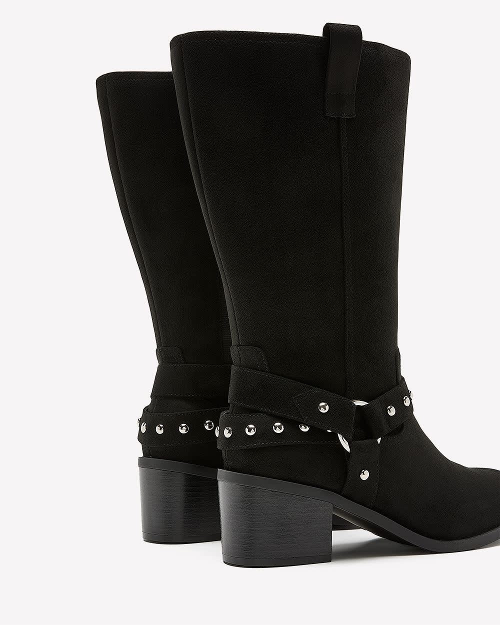 Extra Wide Width and Wide Calf, Black Mid-Calf Boot with Studded Harness Black