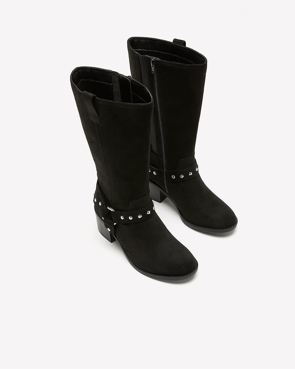 Extra Wide Width and Wide Calf, Black Mid-Calf Boot with Studded Harness Black 4 Extra Wide Width and Wide Calf, Black Mid-Calf Boot with Studded Harness Black