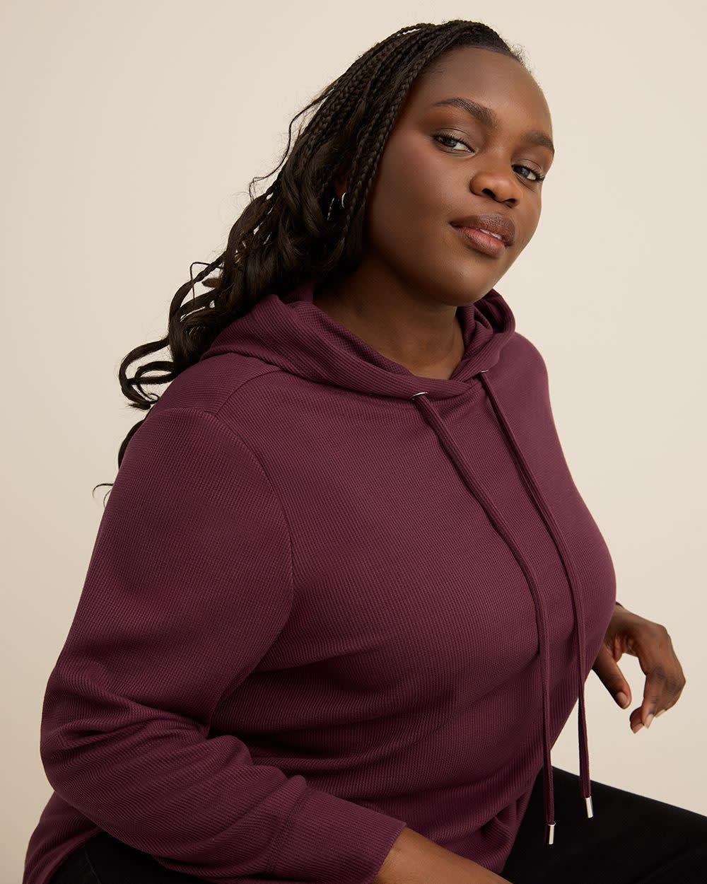 Long-Sleeve Waffle Knit Hoodie Plum wine 3 Long-Sleeve Waffle Knit Hoodie Plum wine