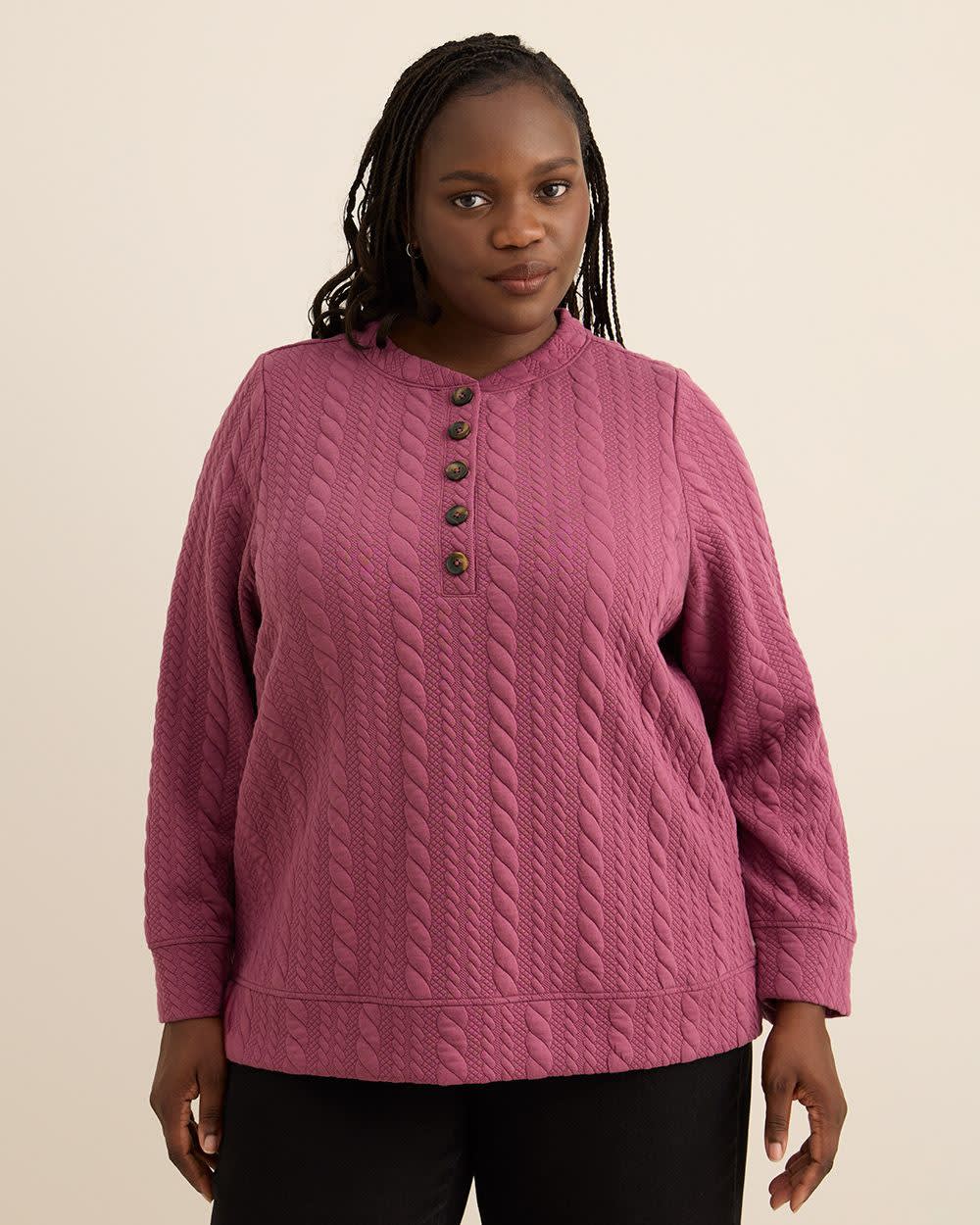 Long-Sleeve Cable Knit Buttoned Crewneck Top Damson