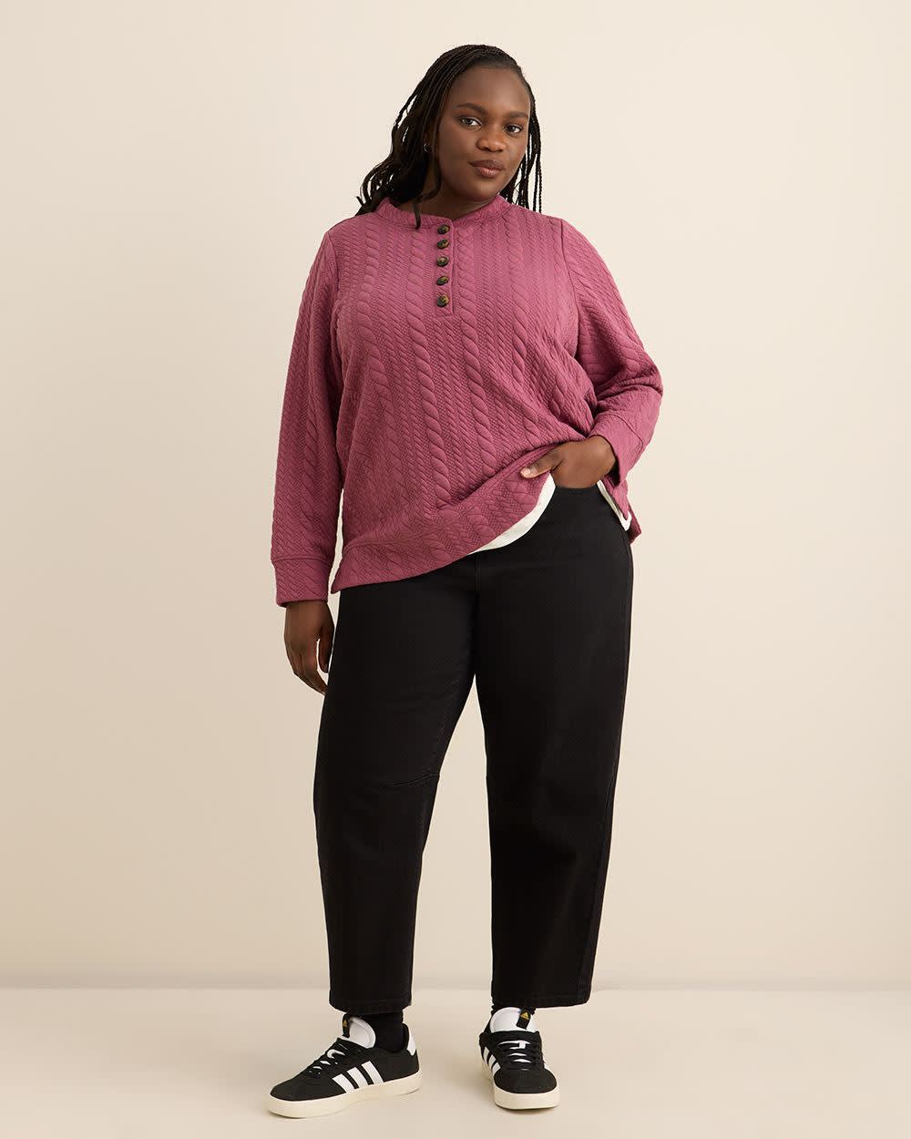 Long-Sleeve Cable Knit Buttoned Crewneck Top Damson