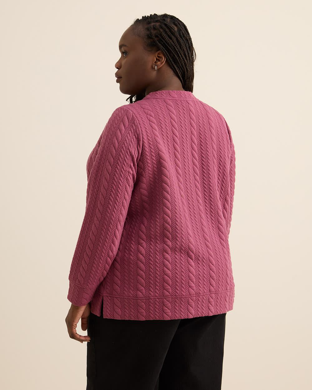 Long-Sleeve Cable Knit Buttoned Crewneck Top Damson