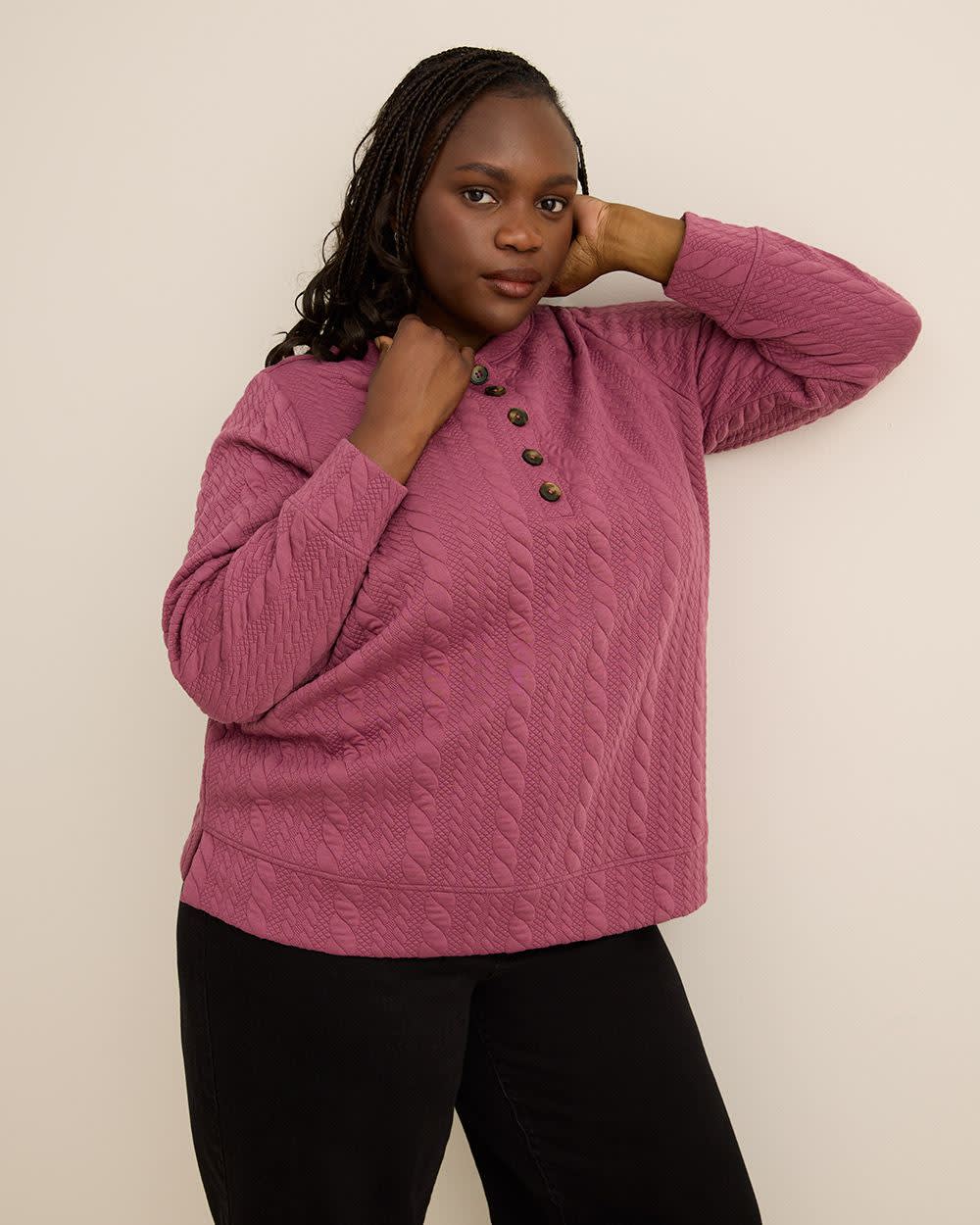 Long-Sleeve Cable Knit Buttoned Crewneck Top Damson