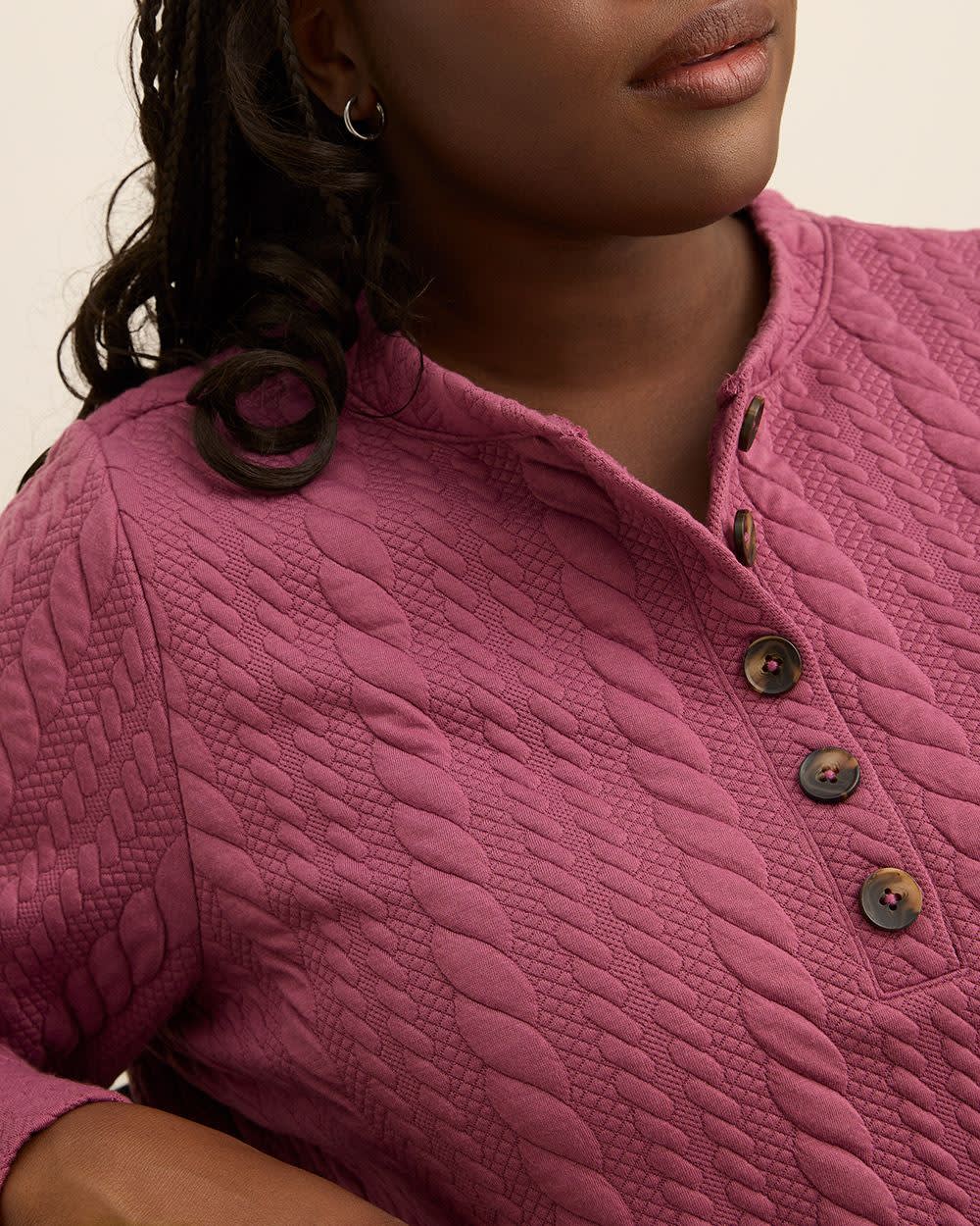 Long-Sleeve Cable Knit Buttoned Crewneck Top Damson