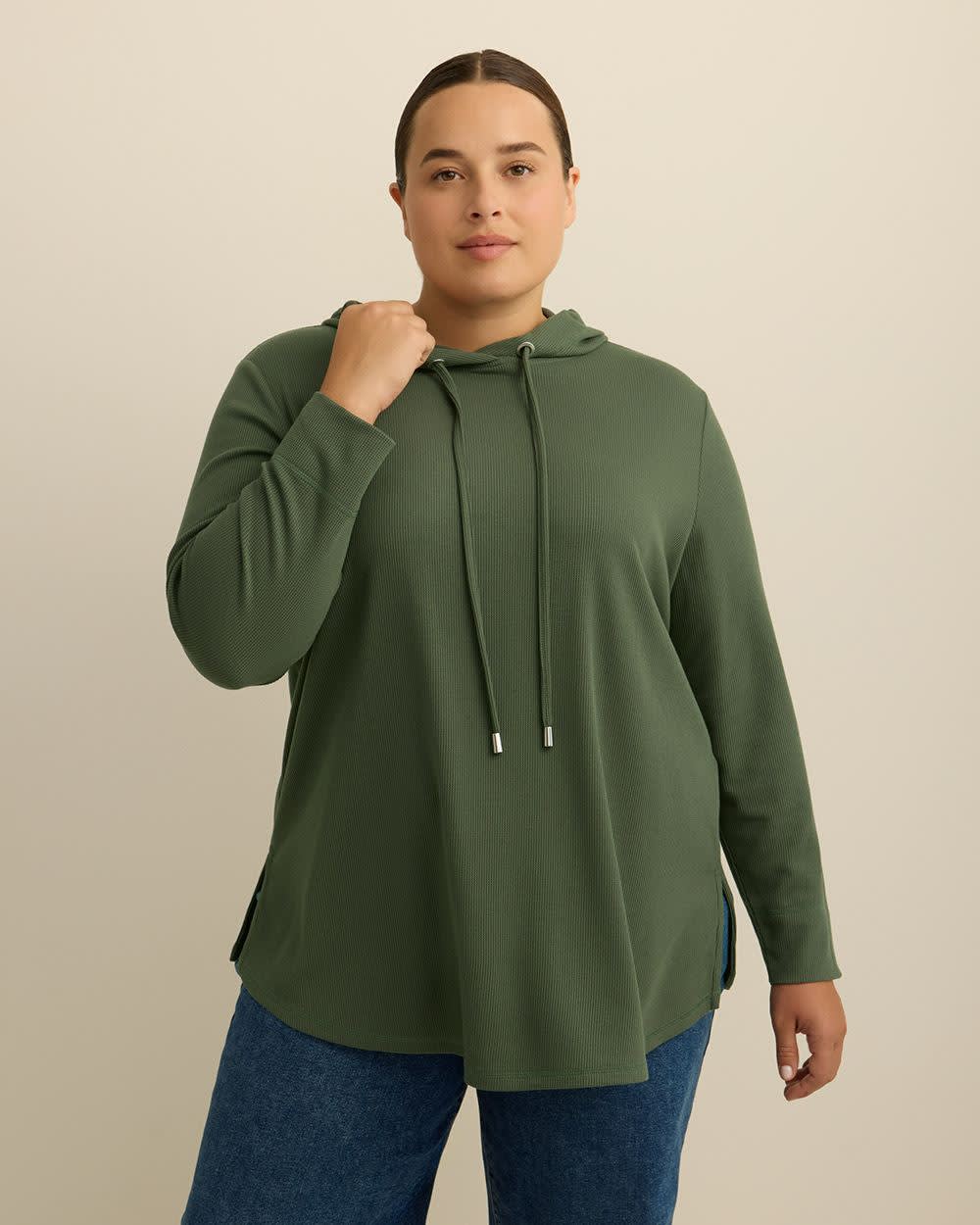 Long-Sleeve Waffle Knit Hoodie Thyme