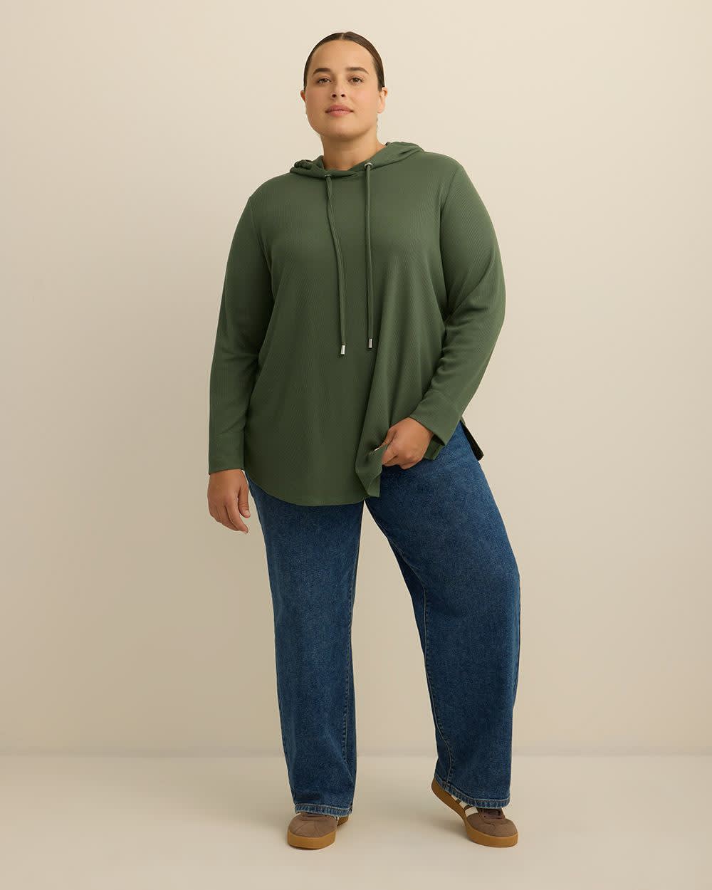 Long-Sleeve Waffle Knit Hoodie Thyme