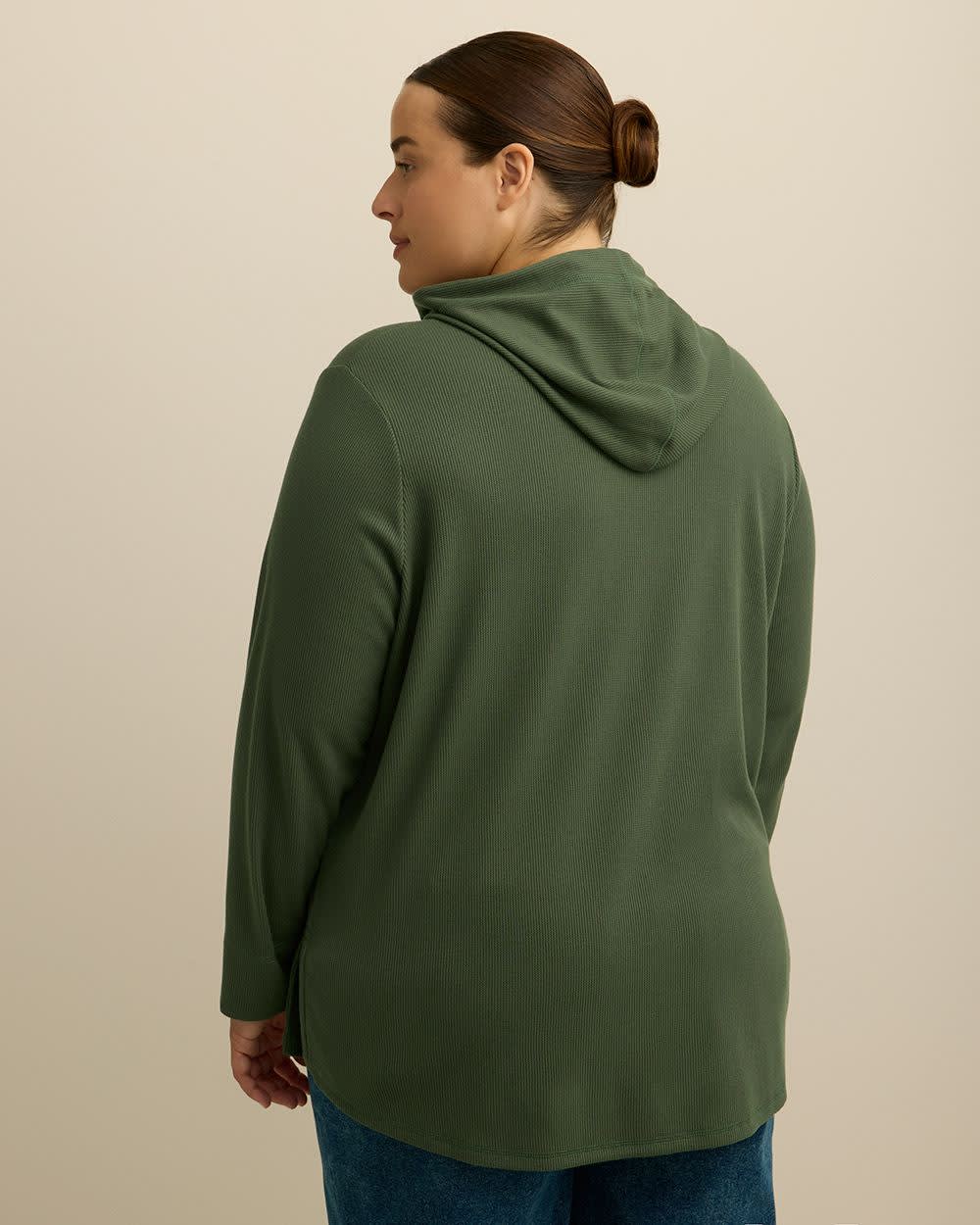 Long-Sleeve Waffle Knit Hoodie Thyme