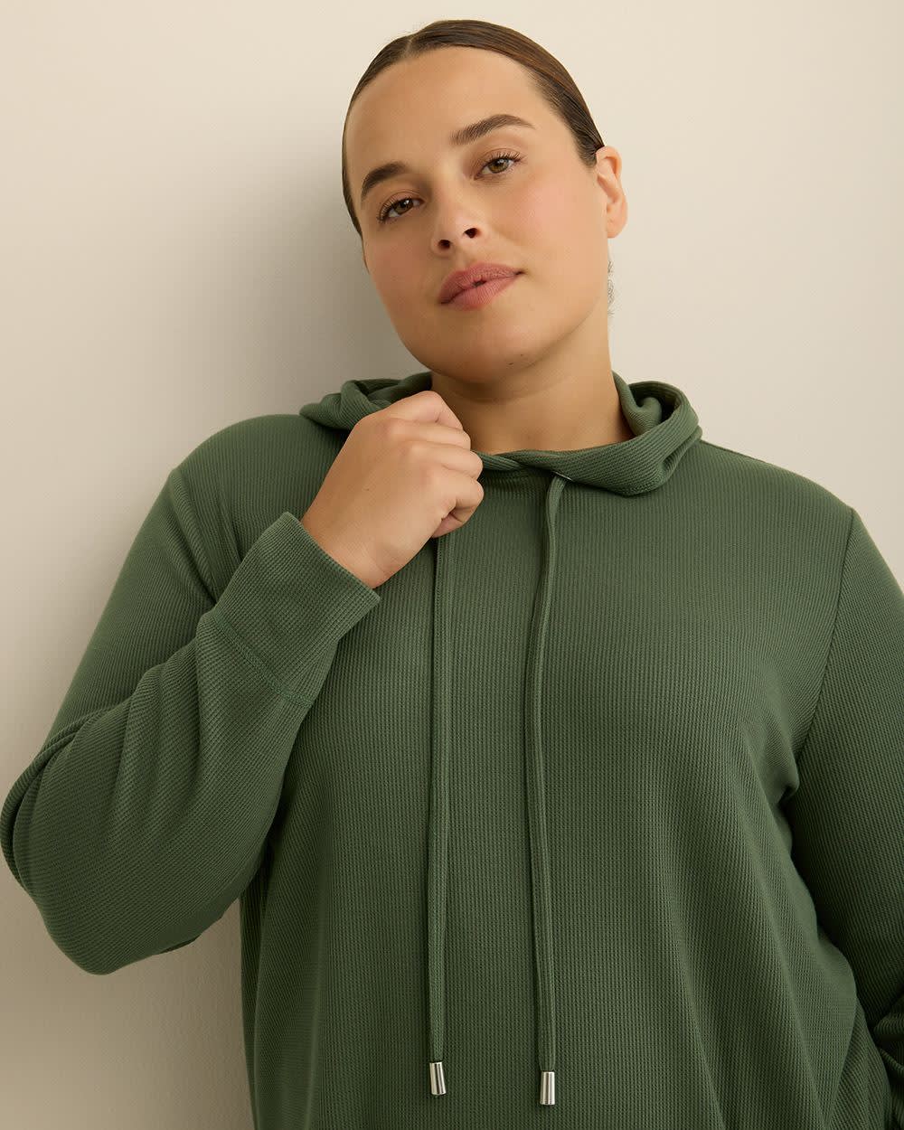 Long-Sleeve Waffle Knit Hoodie Thyme