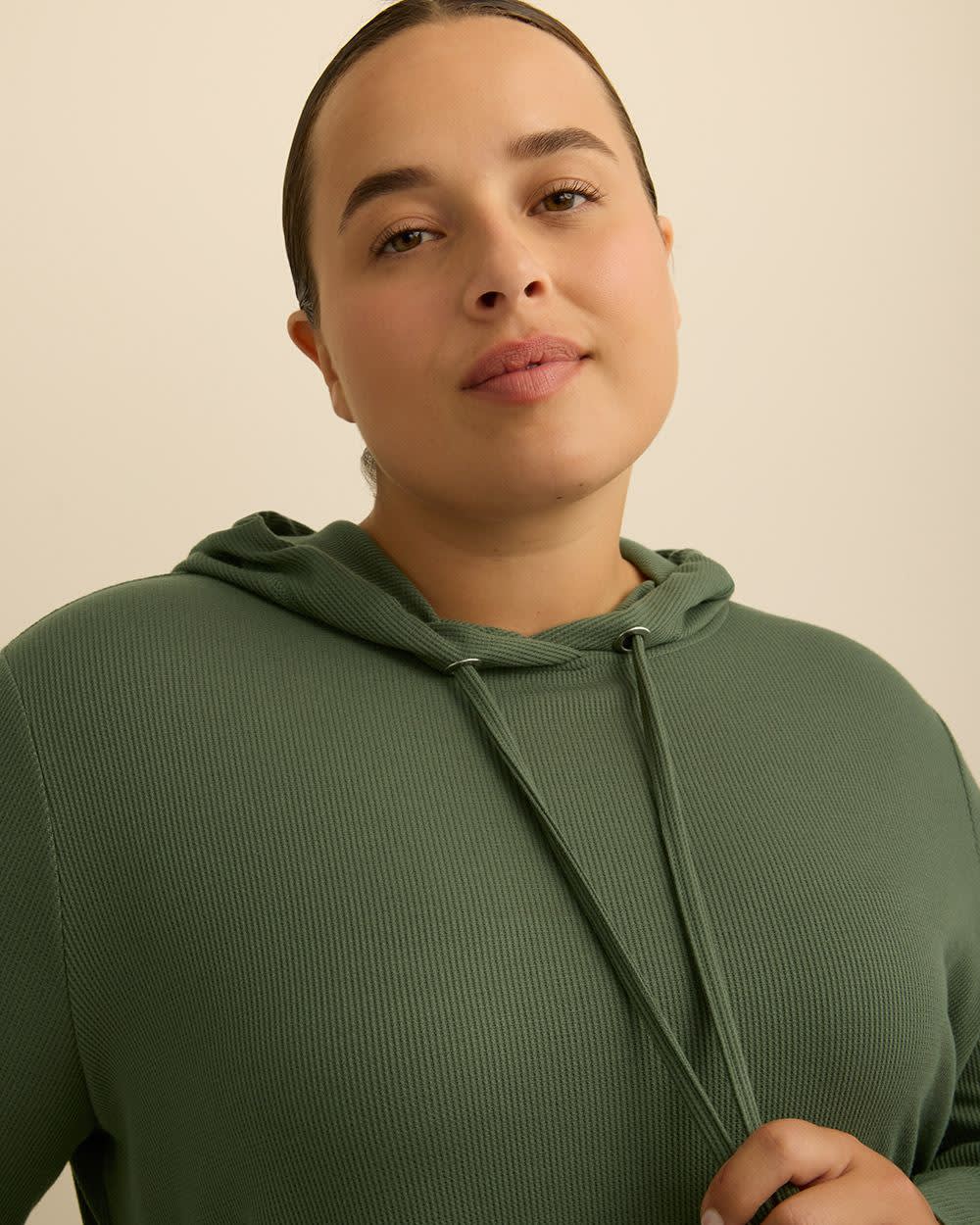 Long-Sleeve Waffle Knit Hoodie Thyme