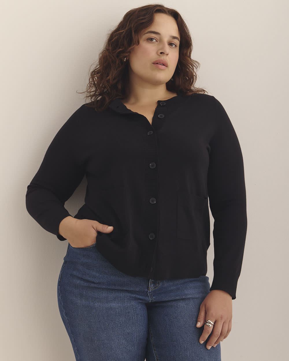 Responsible, Buttoned-Down Cotton Blend Crewneck Cardigan Black 1 Responsible, Buttoned-Down Cotton Blend Crewneck Cardigan Black