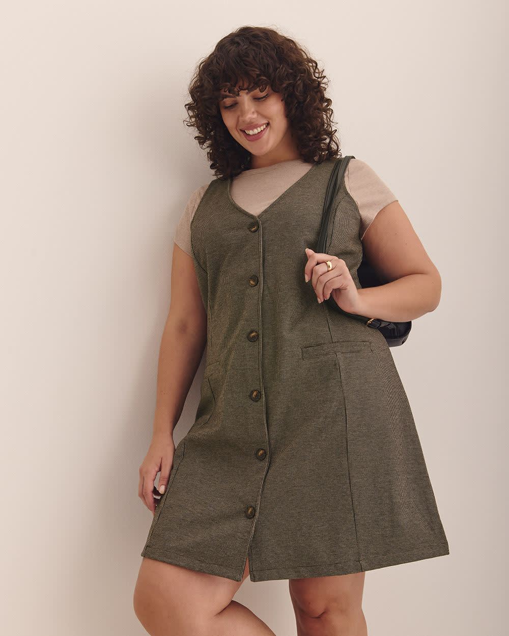 Houndstooth Buttoned-Down Pinafore Sleeveless Dress Black and Brown Houndstooth