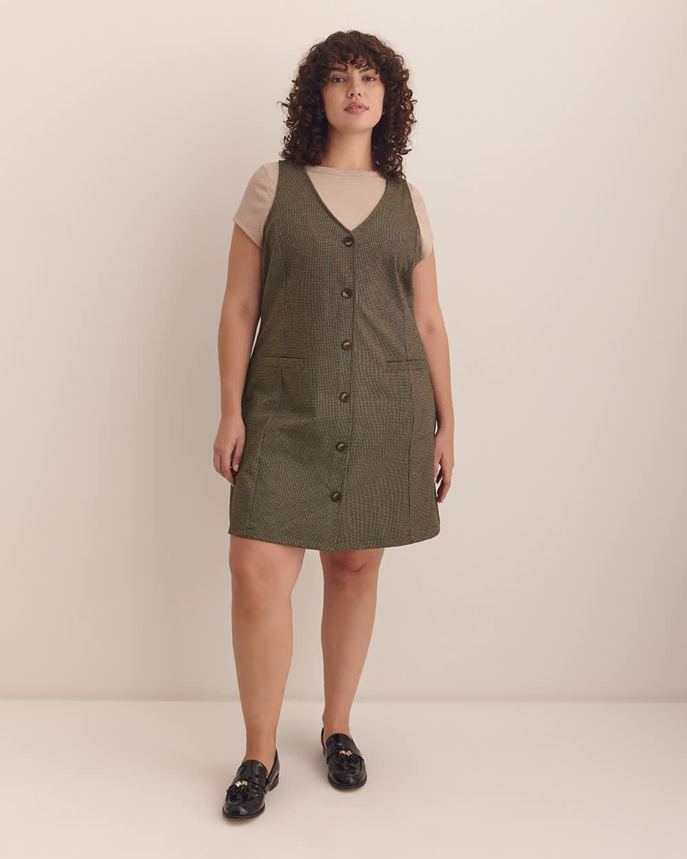 Houndstooth Buttoned-Down Pinafore Sleeveless Dress Black and Brown Houndstooth