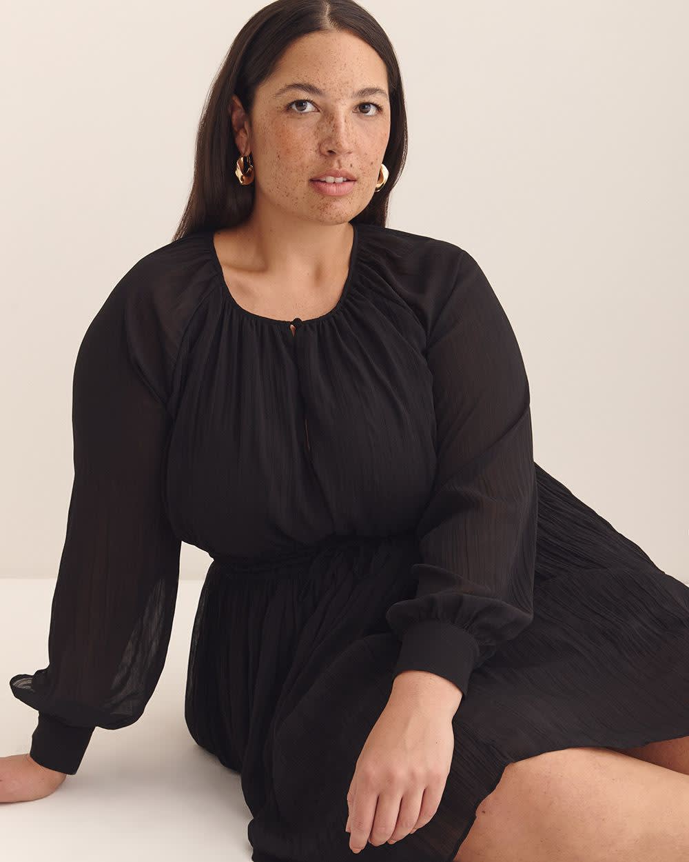 Black Raglan-Sleeve Elastic Waist Dress - Addition Elle Black