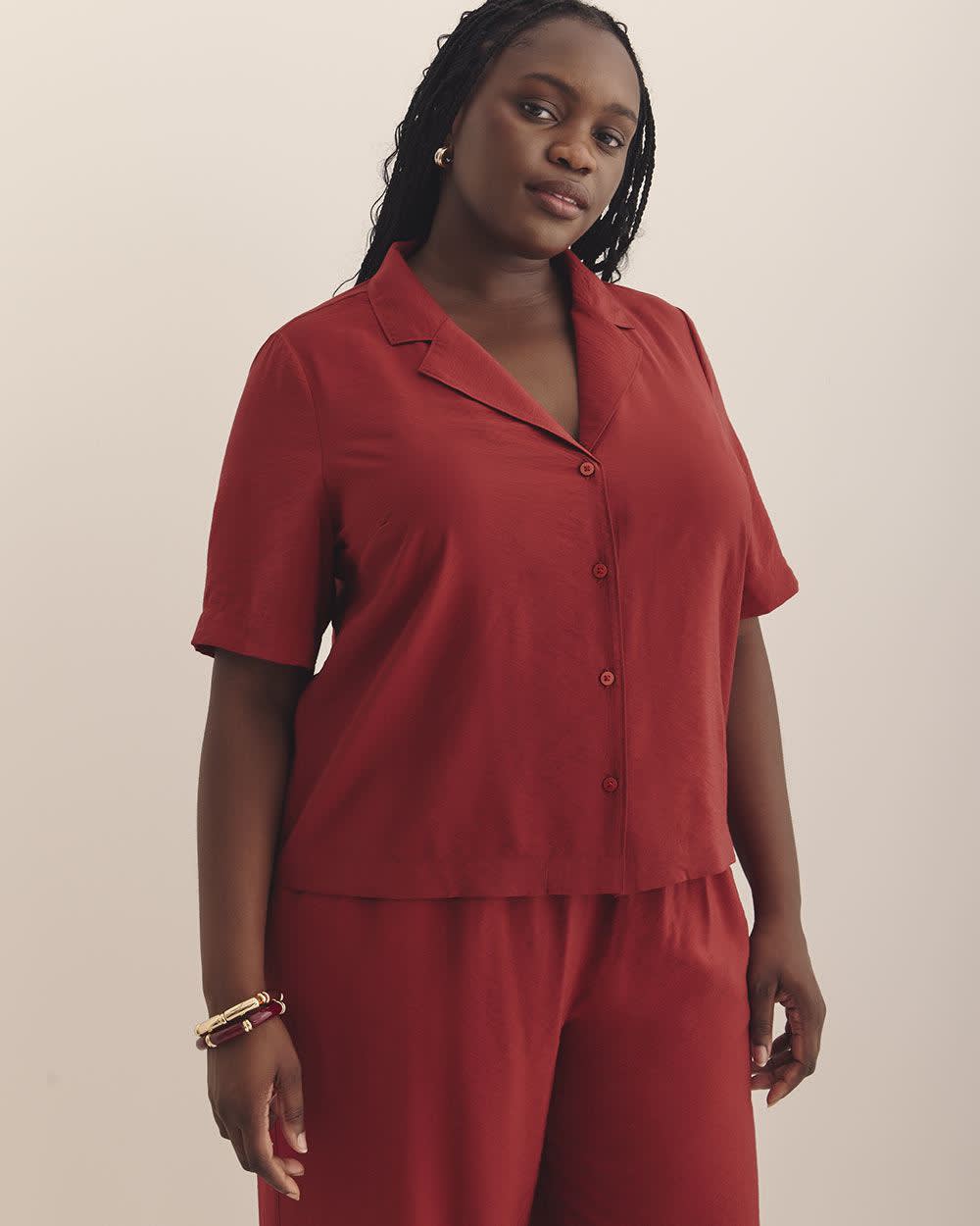 Short-Sleeve Notch Collar Buttoned-Down Shirt Red dahlia 1 Short-Sleeve Notch Collar Buttoned-Down Shirt Red dahlia