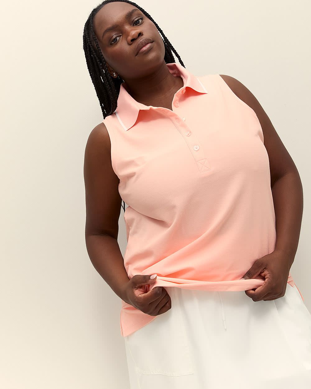 Piqué Sleeveless Polo Top with Ribbed Collar - Active Zone Peach pearl