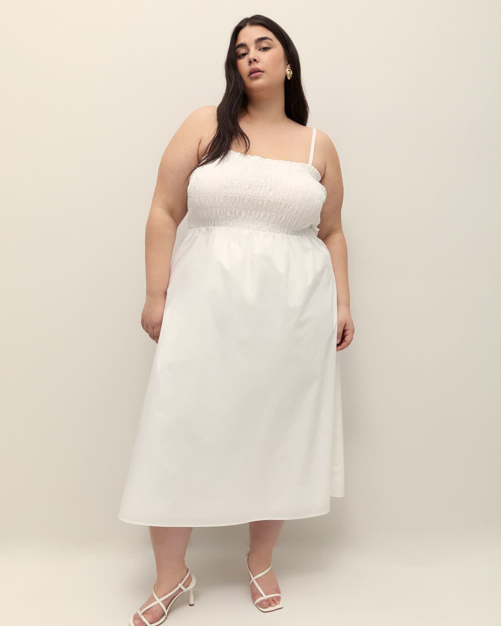 Poplin Smocked Midi Dress with Removable Straps Bright white