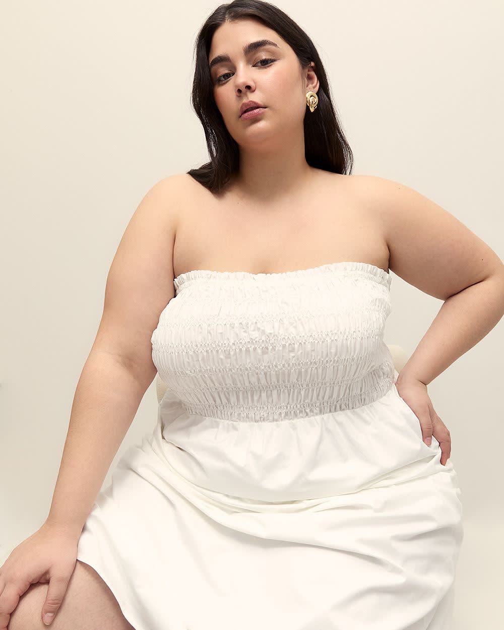Poplin Smocked Midi Dress with Removable Straps Bright white