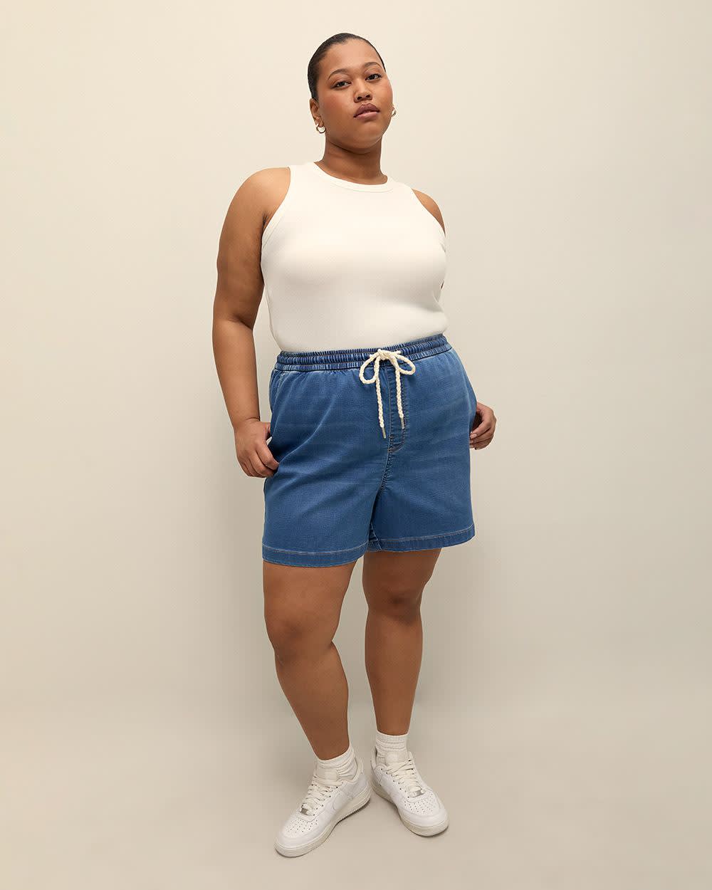 Knit-Like Denim Shorts - d/C JEANS Light Medium Blue Denim
