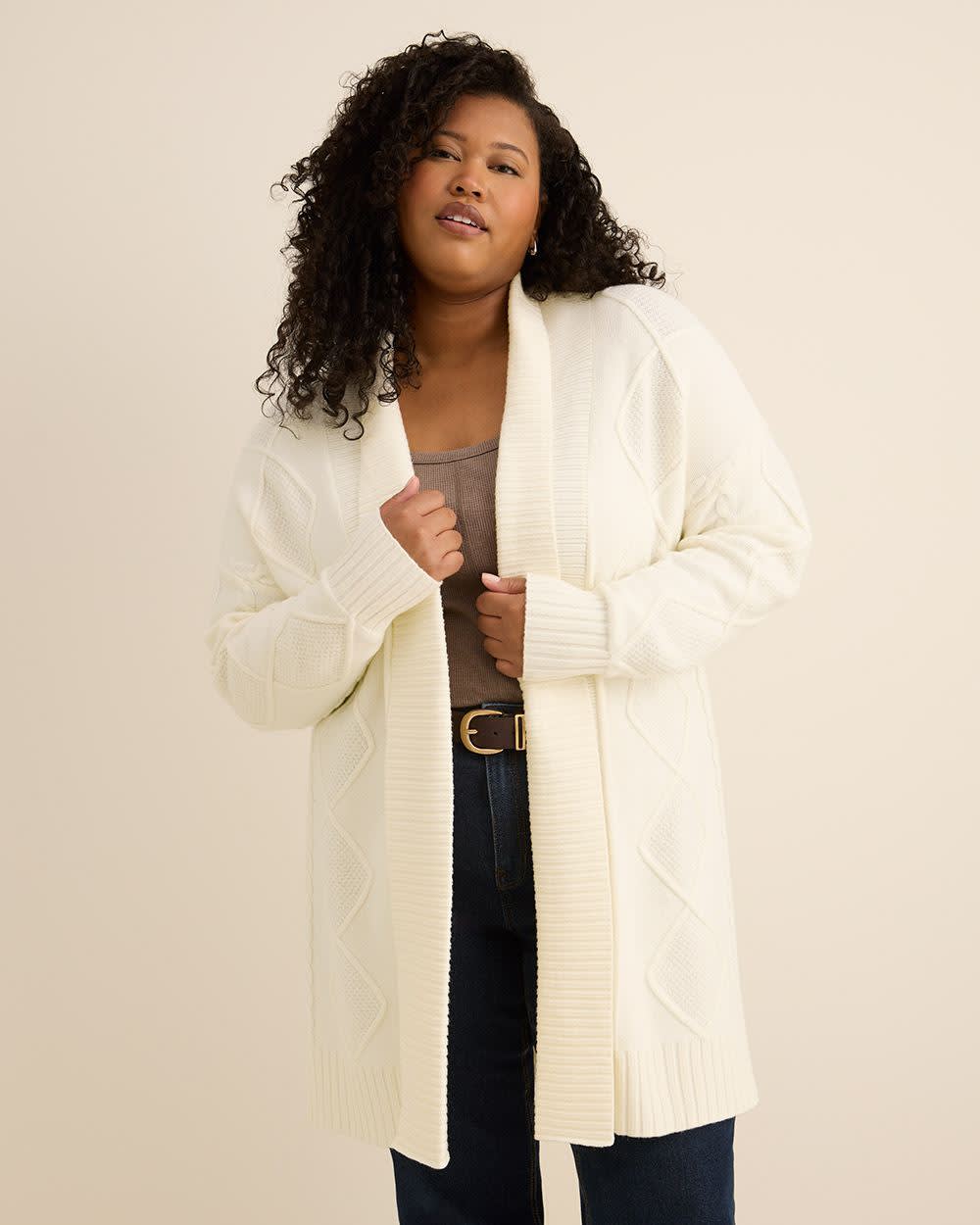 Tunic Sweater Cardigan with Cable Stitch Details Snow white 1 Tunic Sweater Cardigan with Cable Stitch Details Snow white