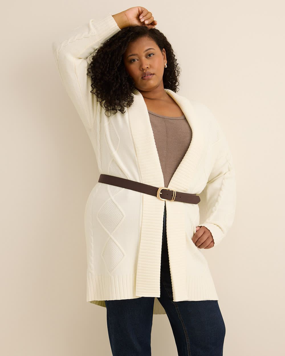 Tunic Sweater Cardigan with Cable Stitch Details Snow white 4 Tunic Sweater Cardigan with Cable Stitch Details Snow white