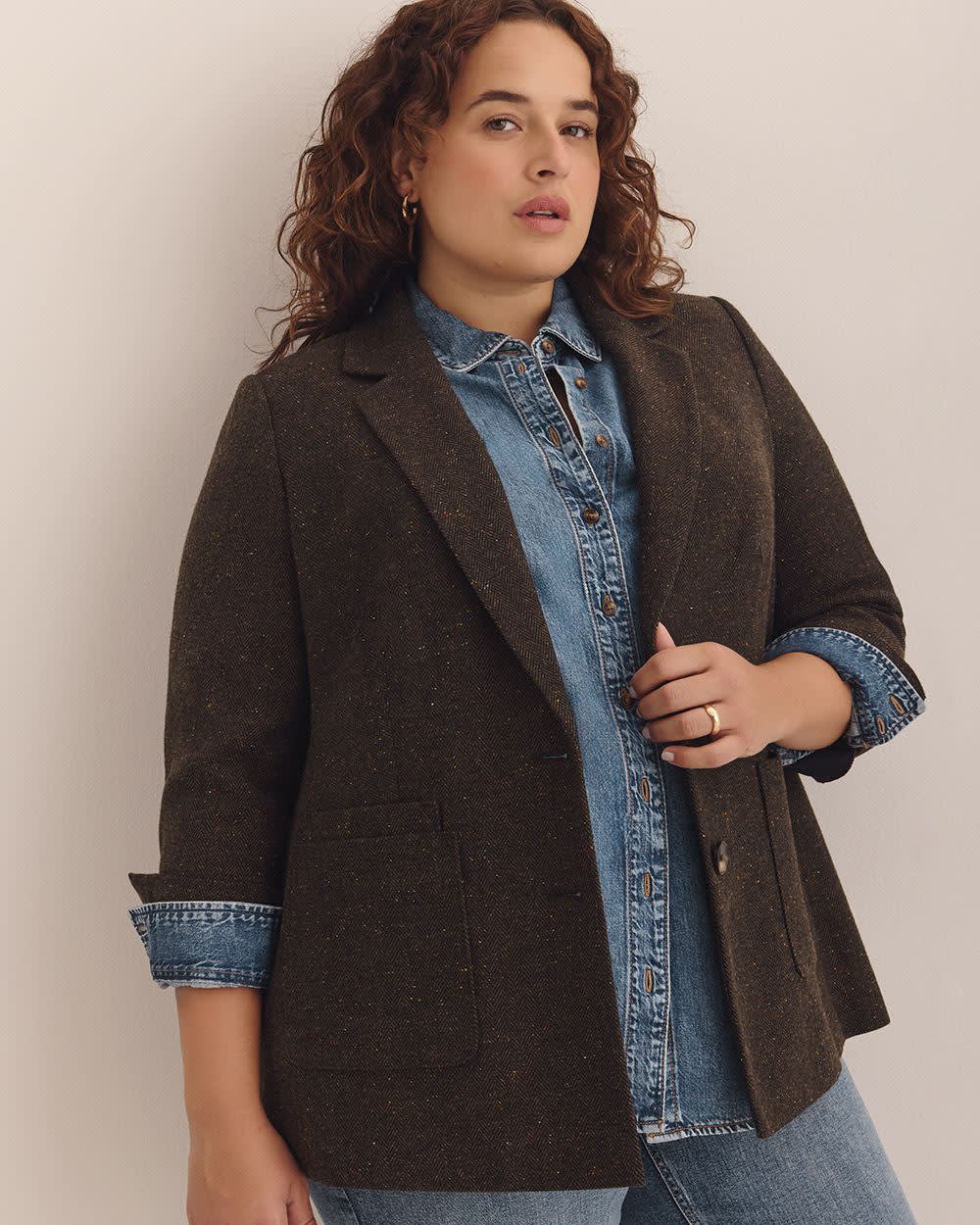 Brown Wool Blend Blazer Brown herringbone