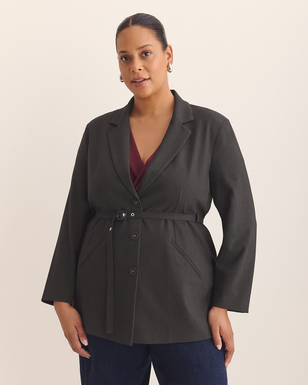 Single-Breasted Blazer with Cinching Belt Charcoal mix 1 Single-Breasted Blazer with Cinching Belt Charcoal mix