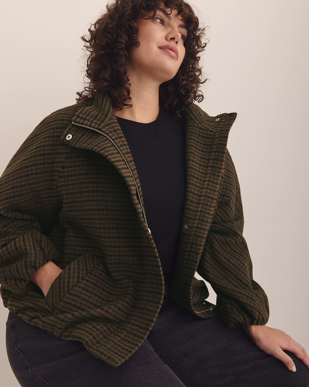 Houndstooth Balloon-Hem Bomber Jacket Brown Mix