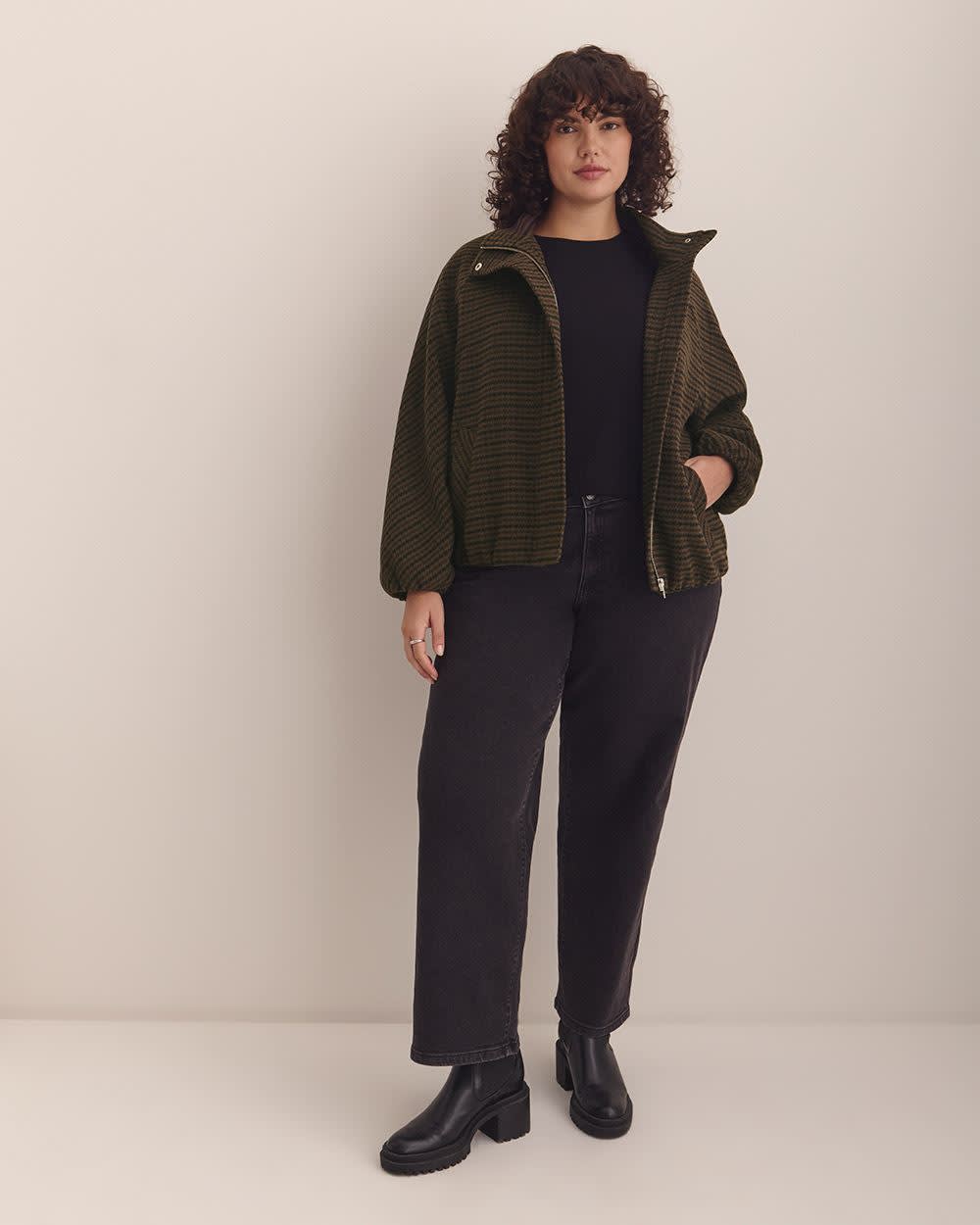 Houndstooth Balloon-Hem Bomber Jacket Brown Mix