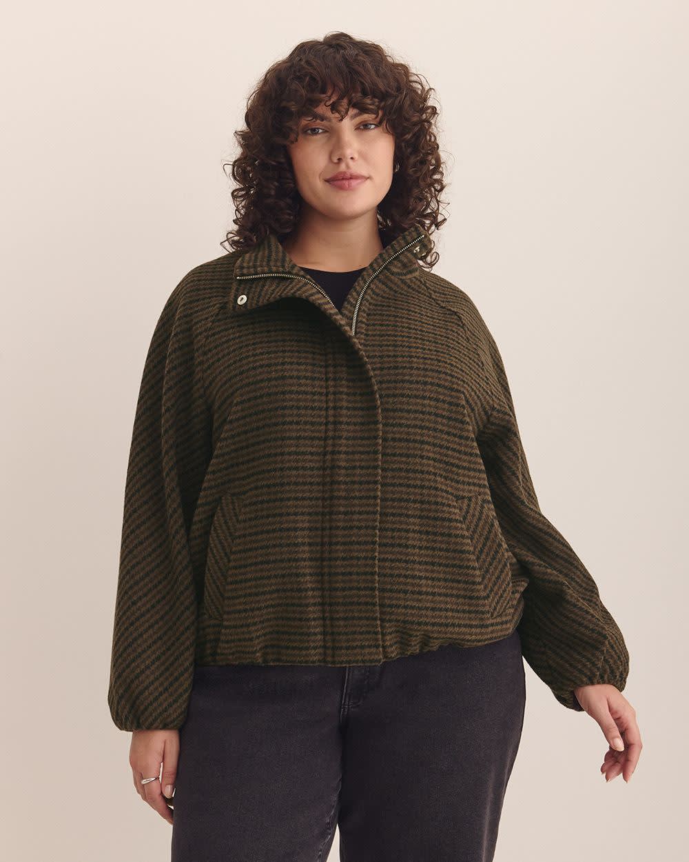 Houndstooth Balloon-Hem Bomber Jacket Brown Mix