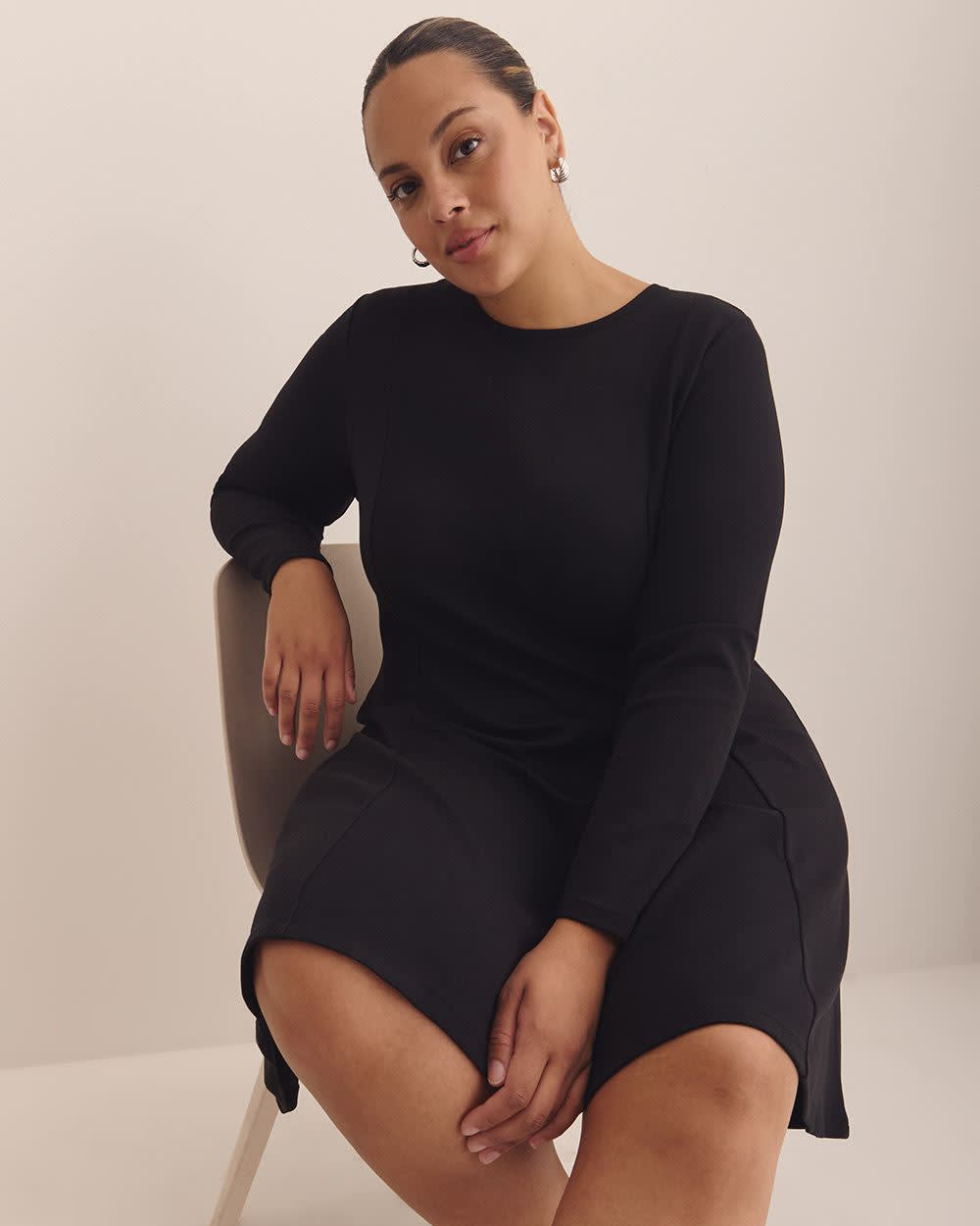 Long-Sleeve Fit and Flare Dress with Princess Seam Black