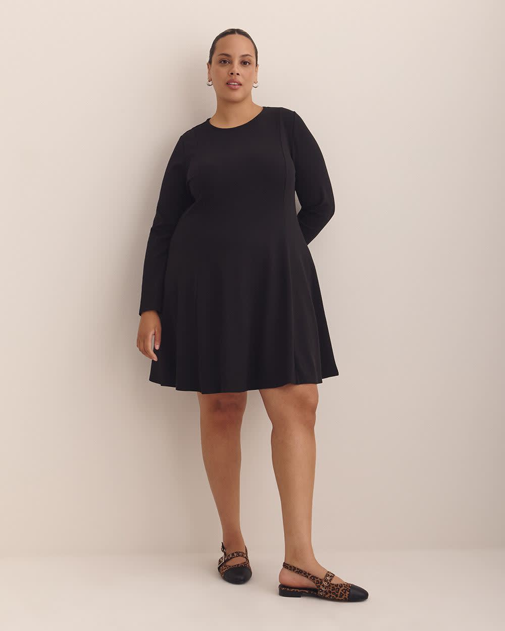 Long-Sleeve Fit and Flare Dress with Princess Seam Black