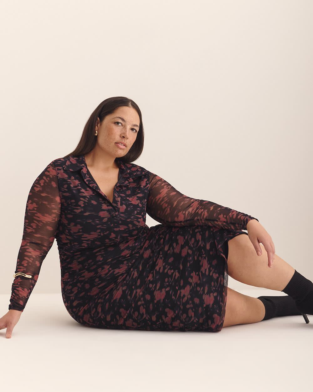 Black Floral Shirt-Collar Mesh Midi Dress - Addition Elle Black printed
