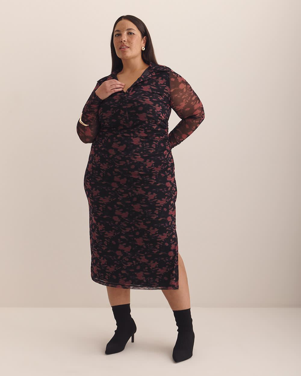 Black Floral Shirt-Collar Mesh Midi Dress - Addition Elle Black printed