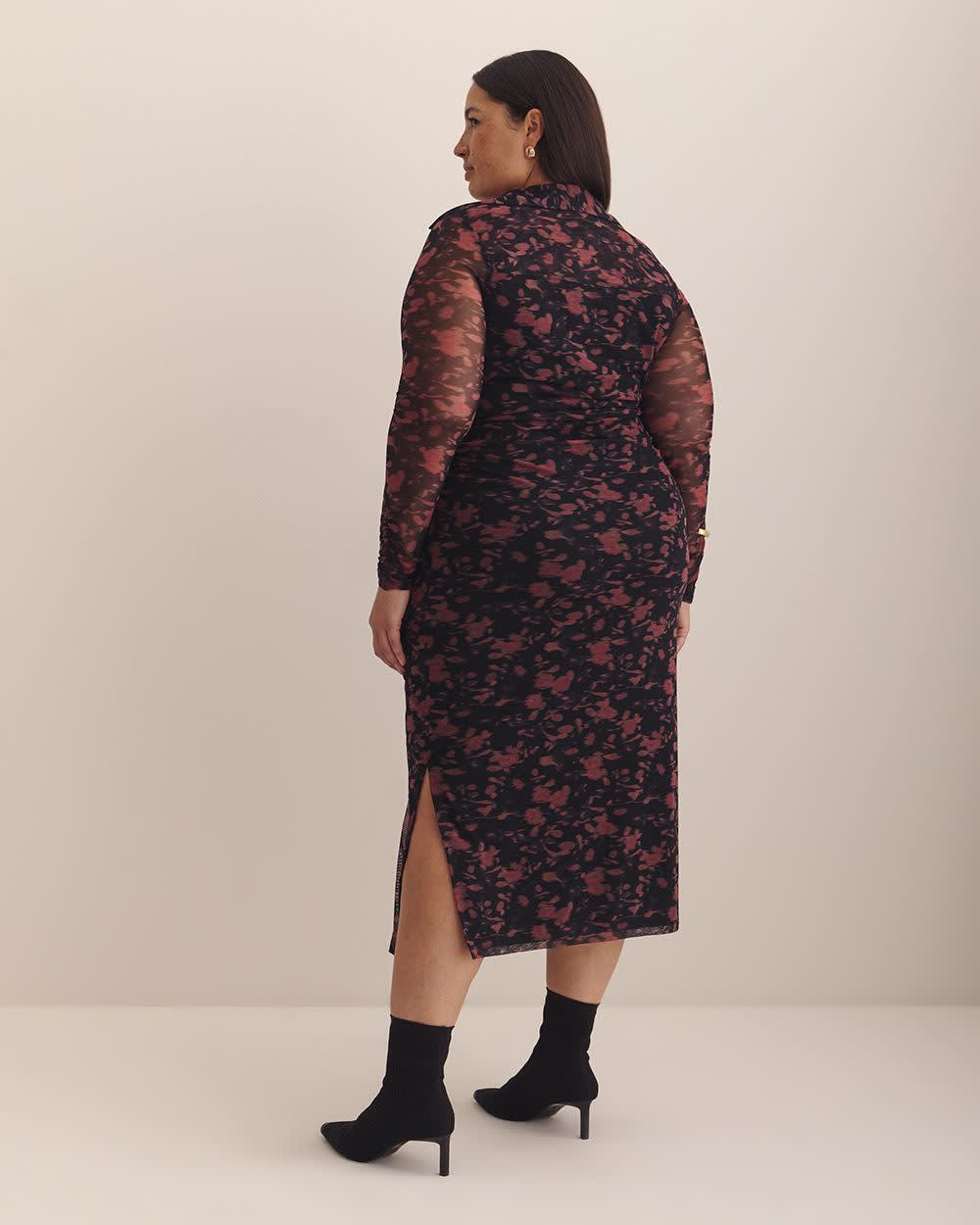 Black Floral Shirt-Collar Mesh Midi Dress - Addition Elle Black printed