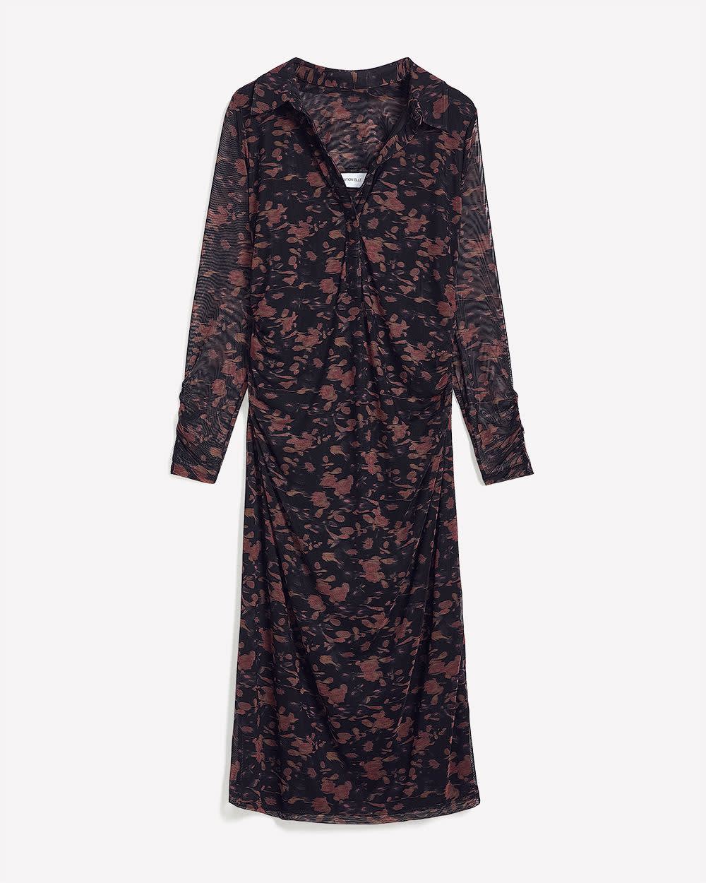 Black Floral Shirt-Collar Mesh Midi Dress - Addition Elle Black printed