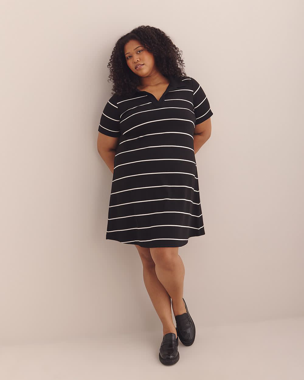 Striped Short-Sleeve Polo Dress Black and white stripe