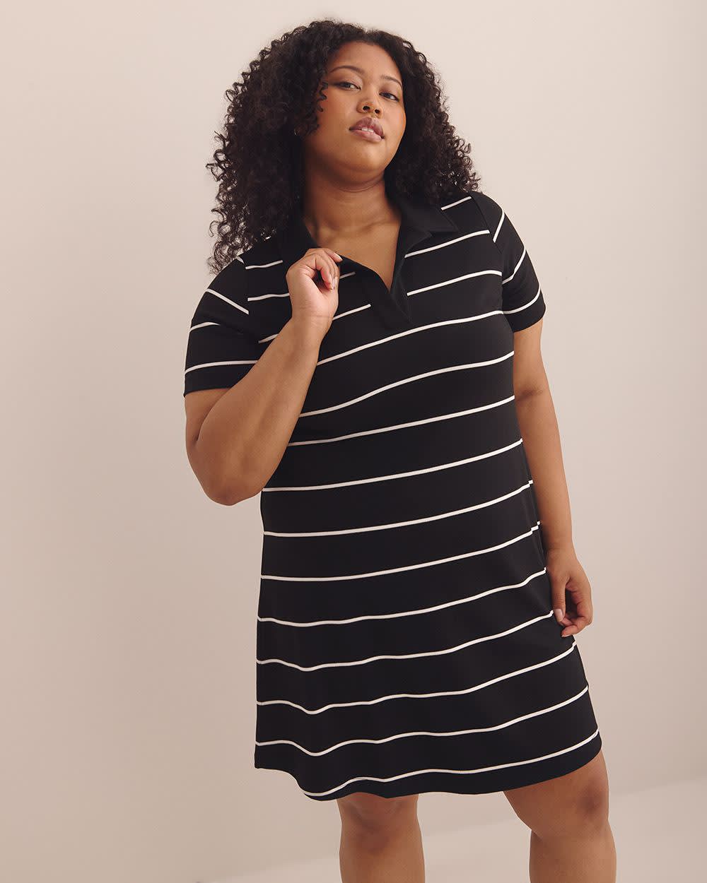 Striped Short-Sleeve Polo Dress Black and white stripe