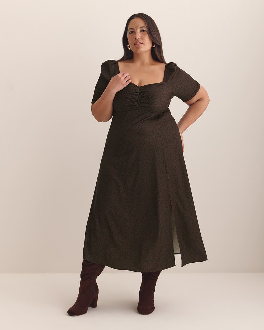 Sweetheart Midi Dress with Balloon Sleeves - Addition Elle Chicory coffee printed